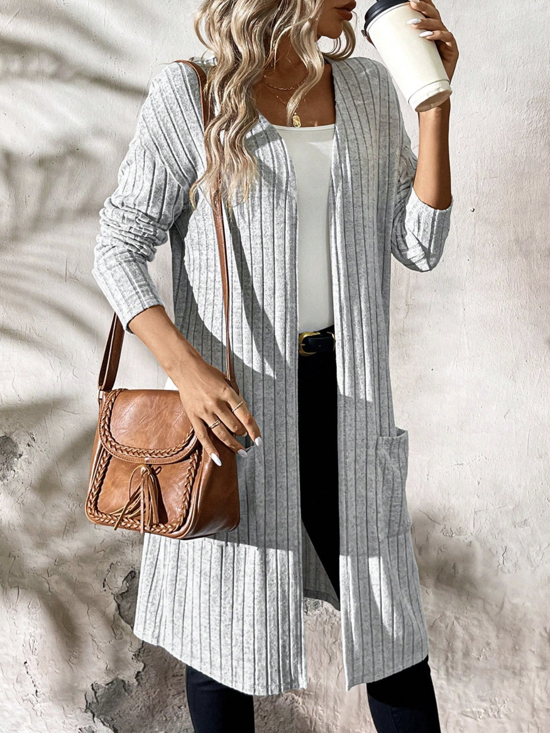 Ribbed Open Front Long Sleeve Cardigan with Pockets Trendsi