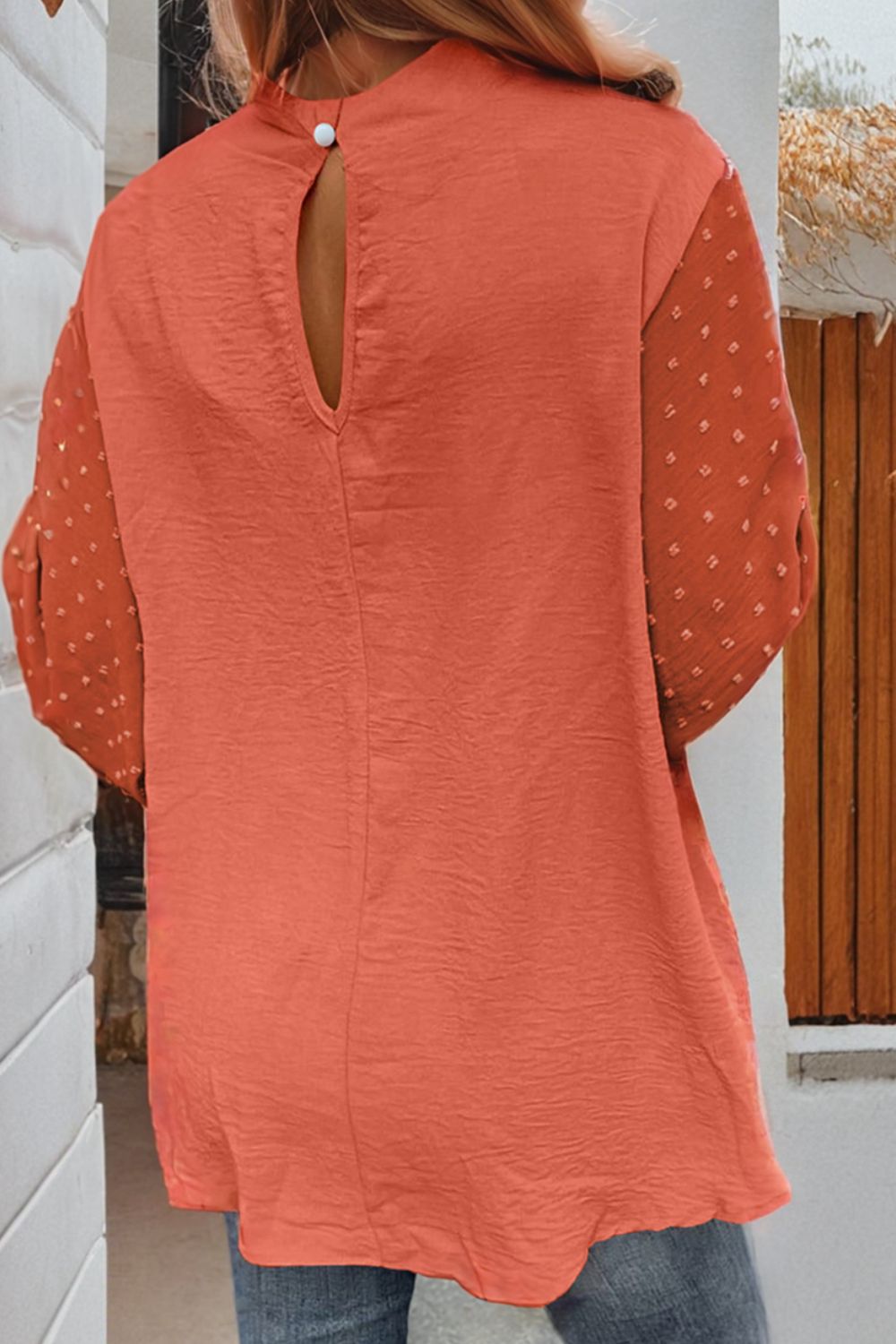 Swiss Dot Mock Neck Balloon Sleeve Blouse Trendsi