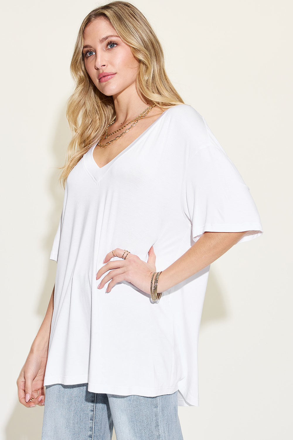 Basic Bae Full Size Bamboo V-Neck Drop Shoulder T-Shirt Trendsi