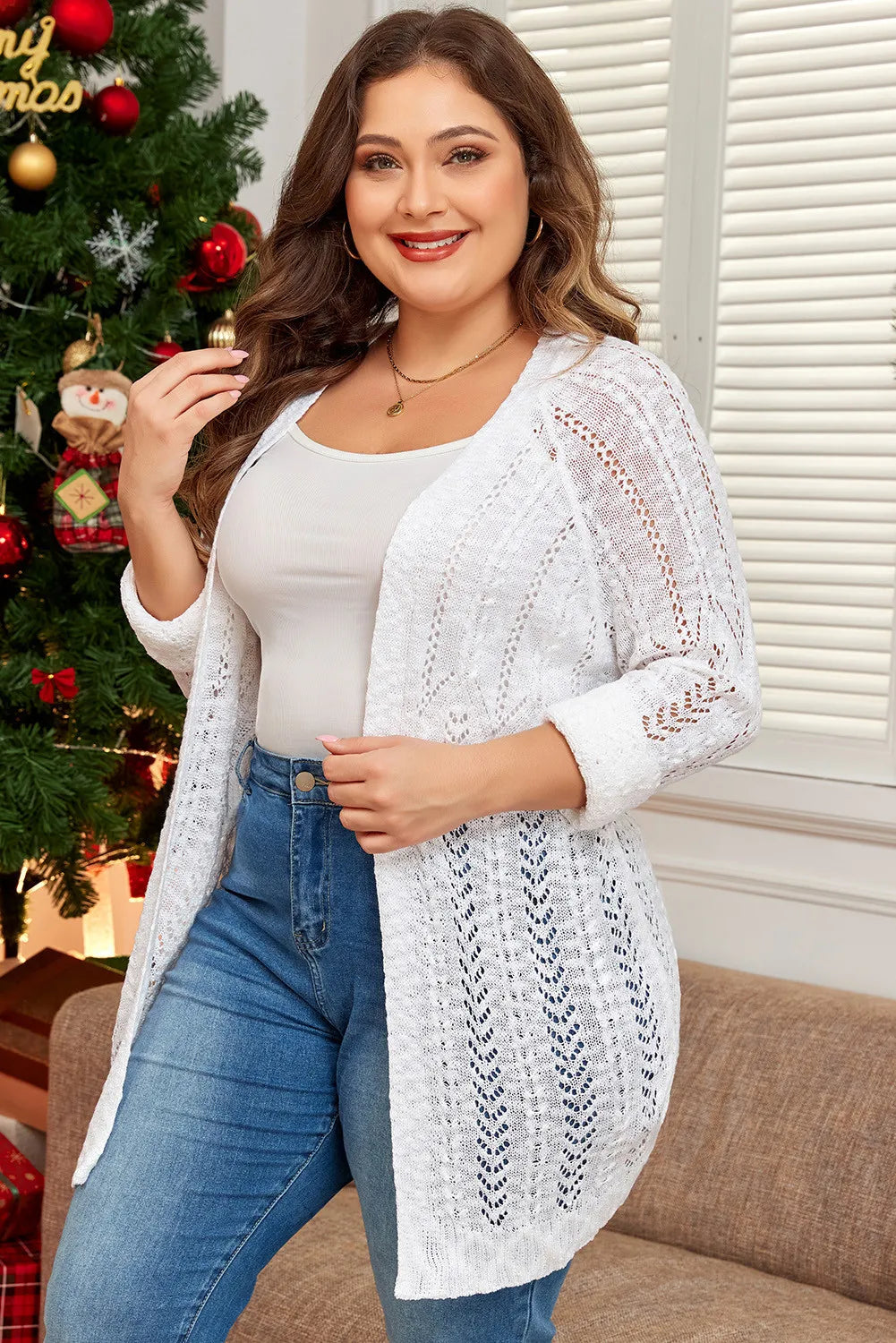 Plus Size Openwork Open Front Long Sleeve Cardigan Trendsi