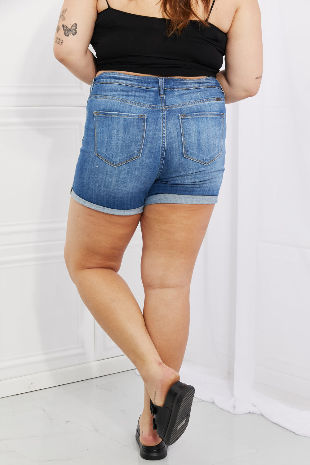 Kancan Full Size High Rise Medium Stone Wash Denim Shorts Trendsi