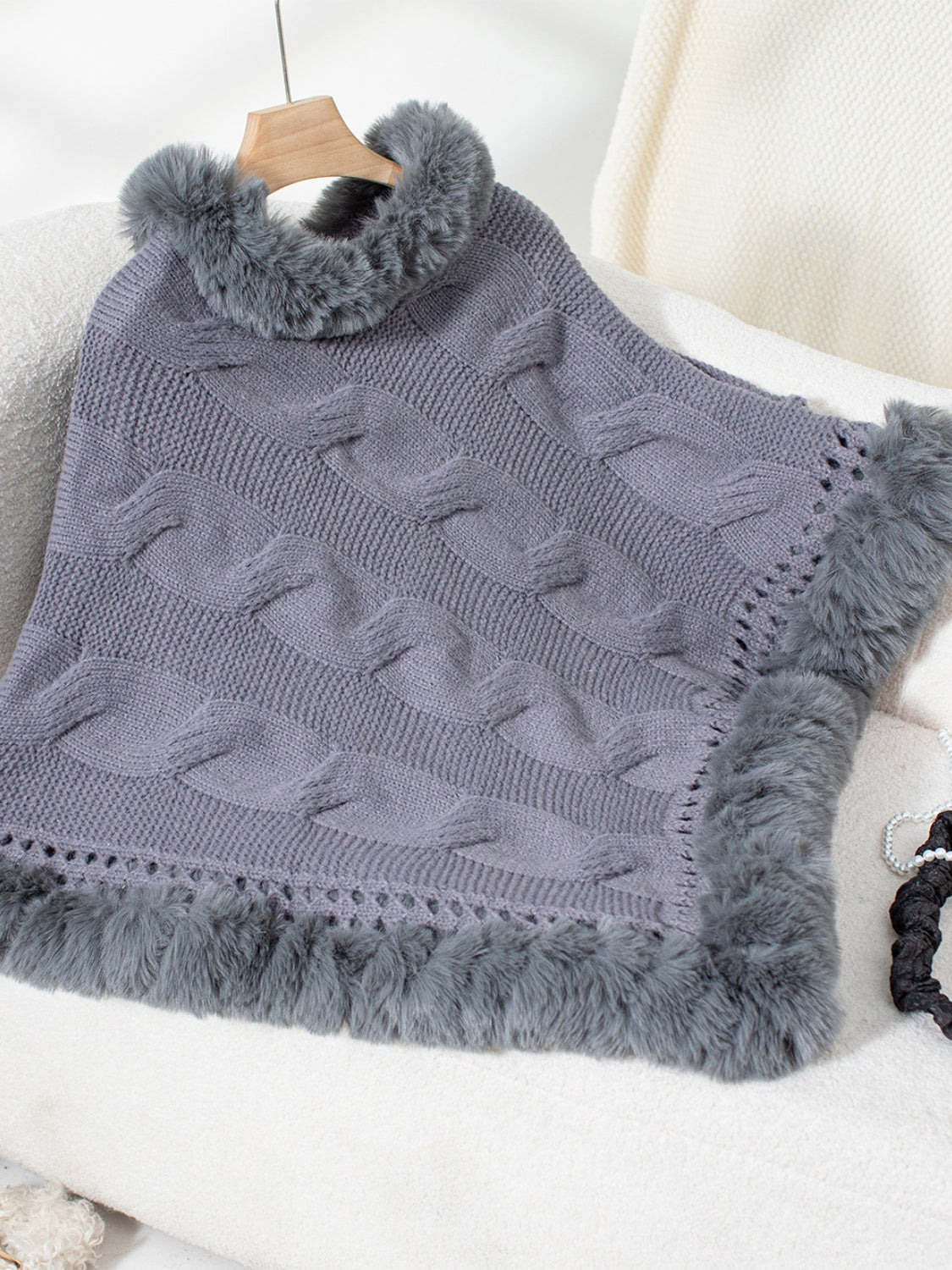 Fuzzy Hem Cable-Knit Poncho Trendsi