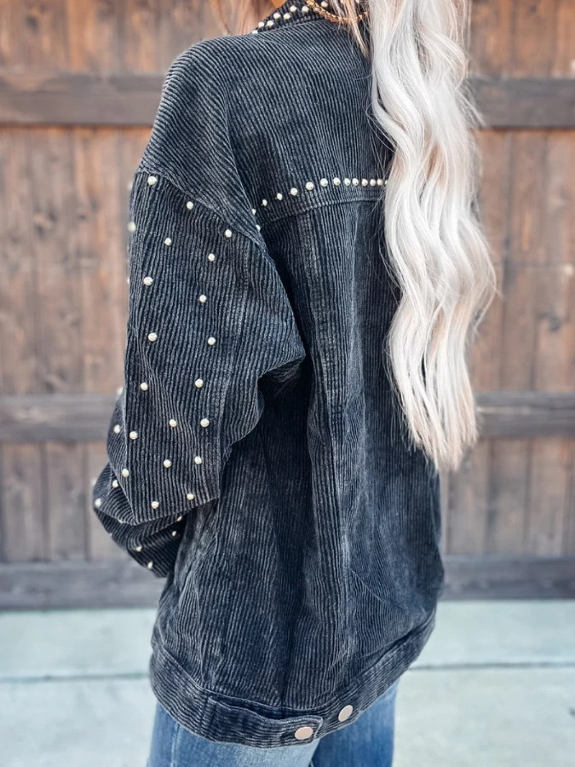 Studded Collared Neck Button Down Jacket Trendsi