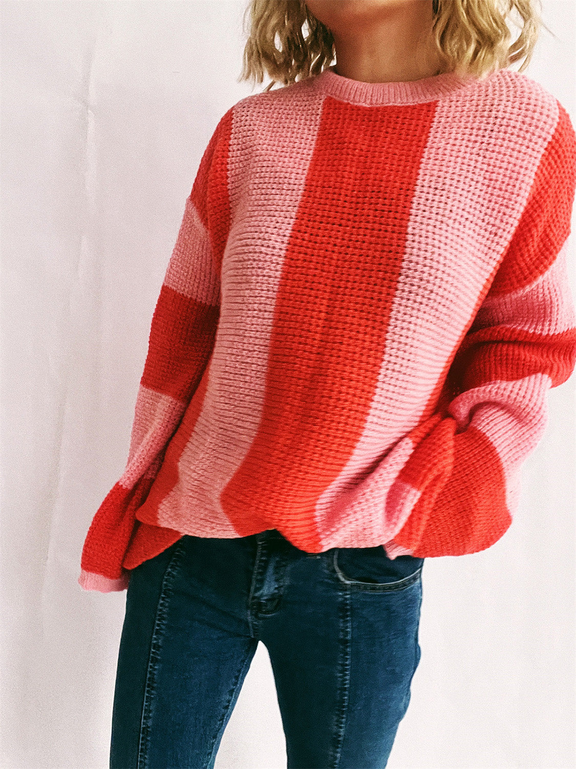 Color Block Round Neck Long Sleeve Sweater Trendsi