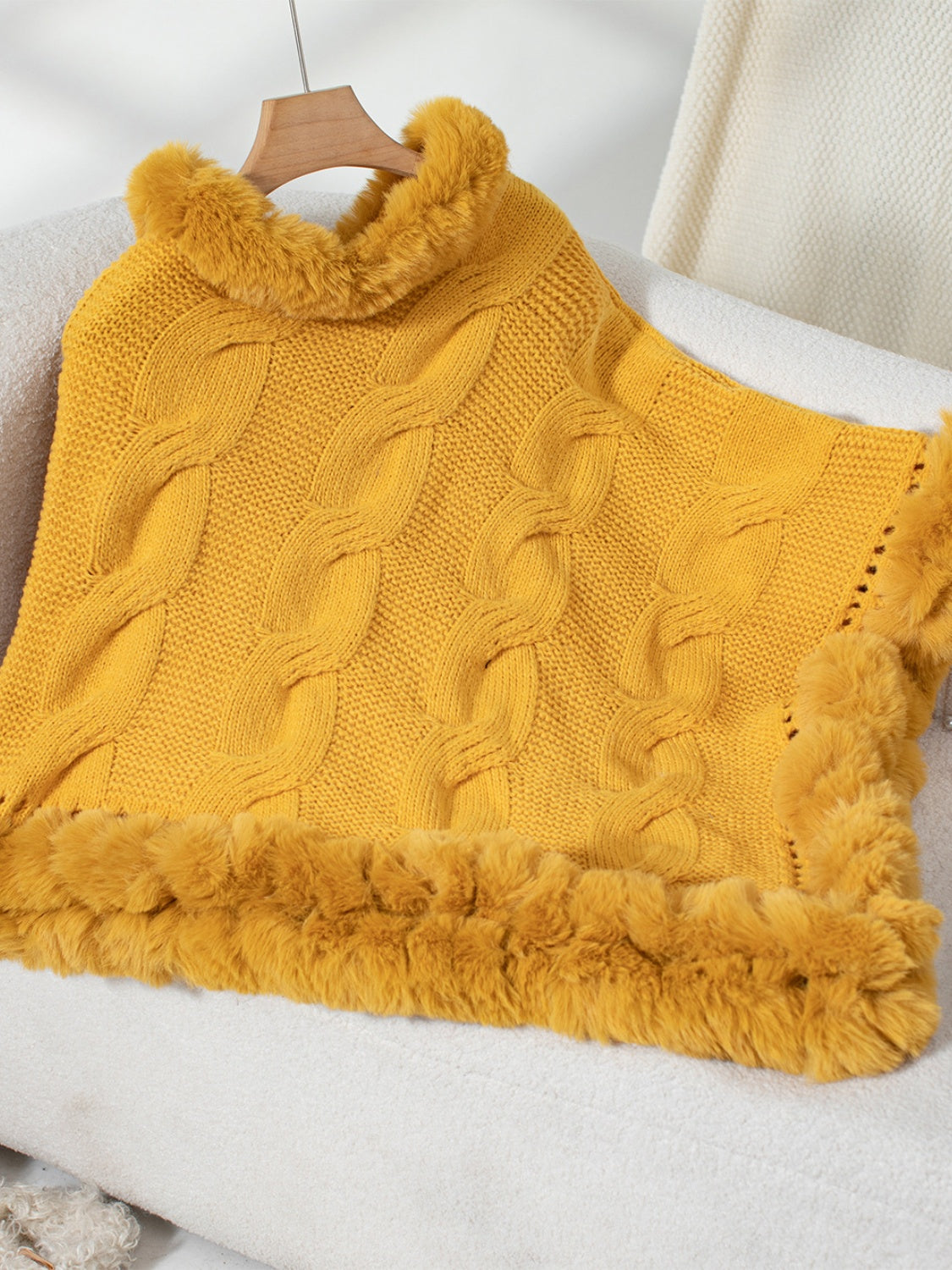 Fuzzy Hem Cable-Knit Poncho Trendsi
