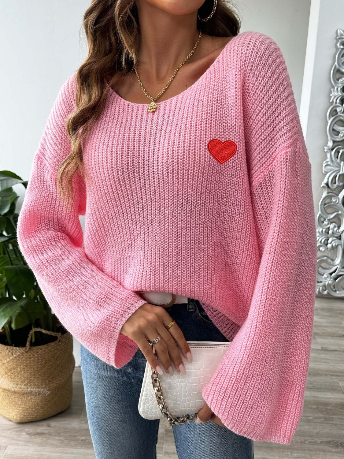 Heart Boat Neck Dropped Shoulder Sweater Trendsi