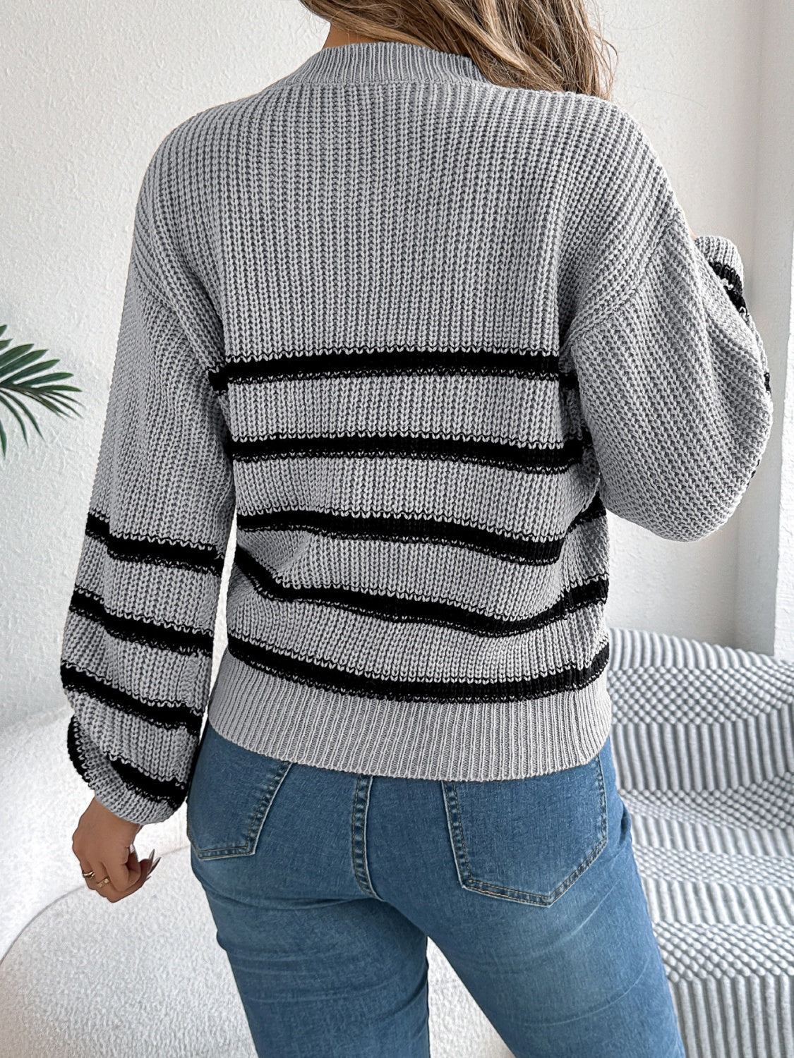 Striped Round Neck Long Sleeve Sweater Trendsi