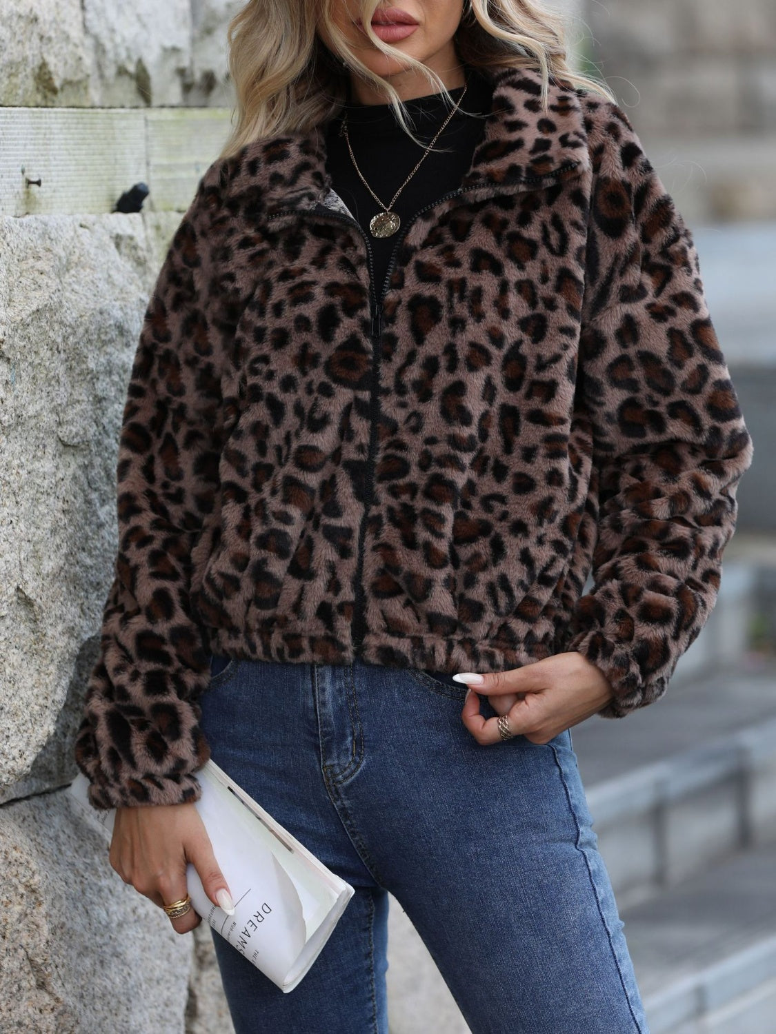 Leopard Collared Neck Zip Up Jacket Trendsi