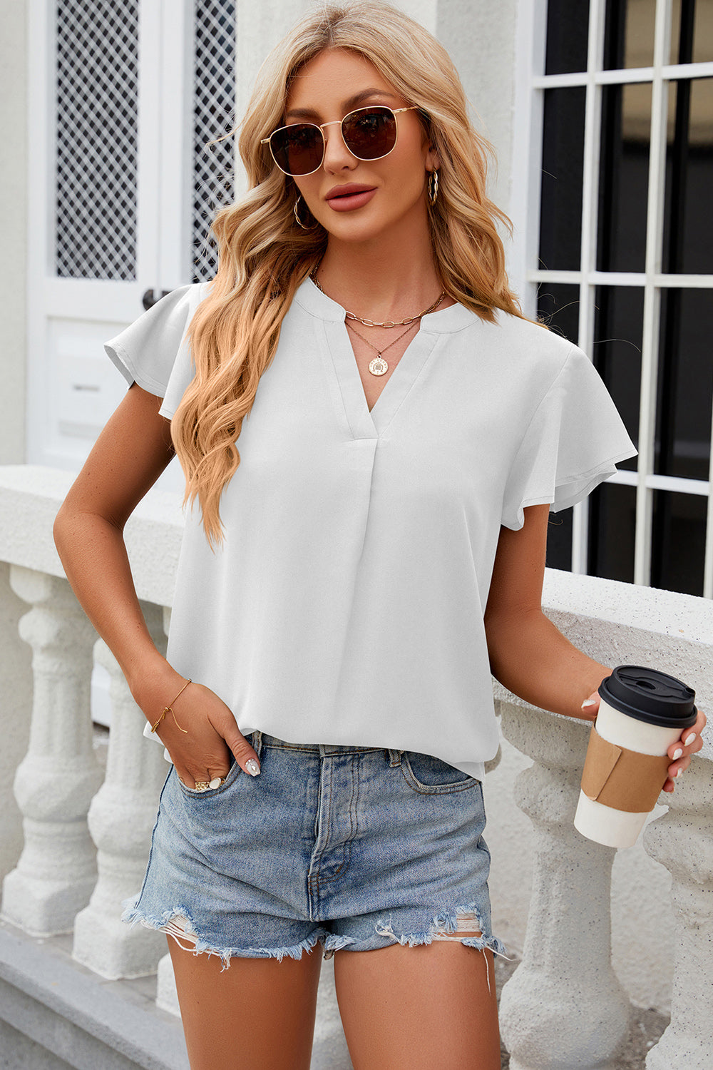 Notched Cap Sleeve T-Shirt Trendsi