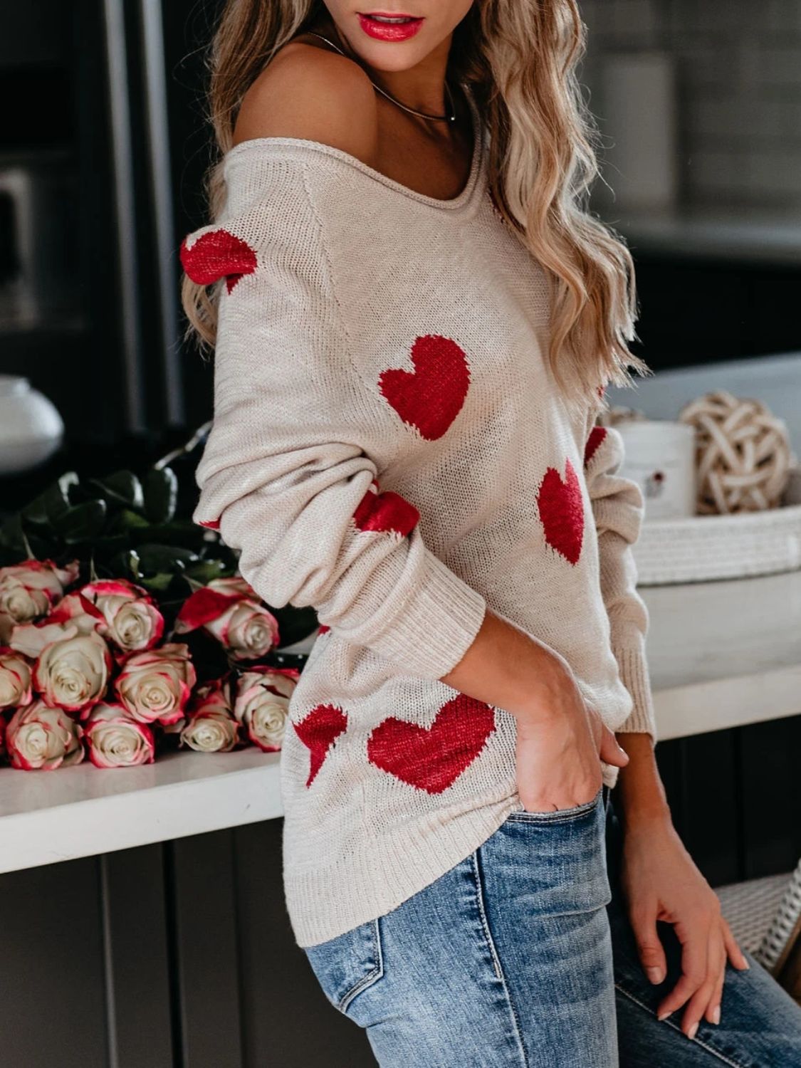 Heart Scoop Neck Long Sleeve Sweater Trendsi