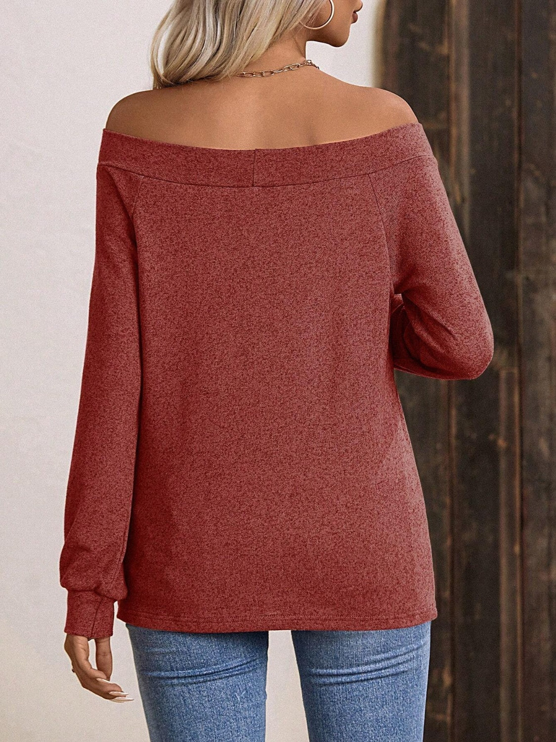 Off-Shoulder Long Sleeve T-Shirt Trendsi