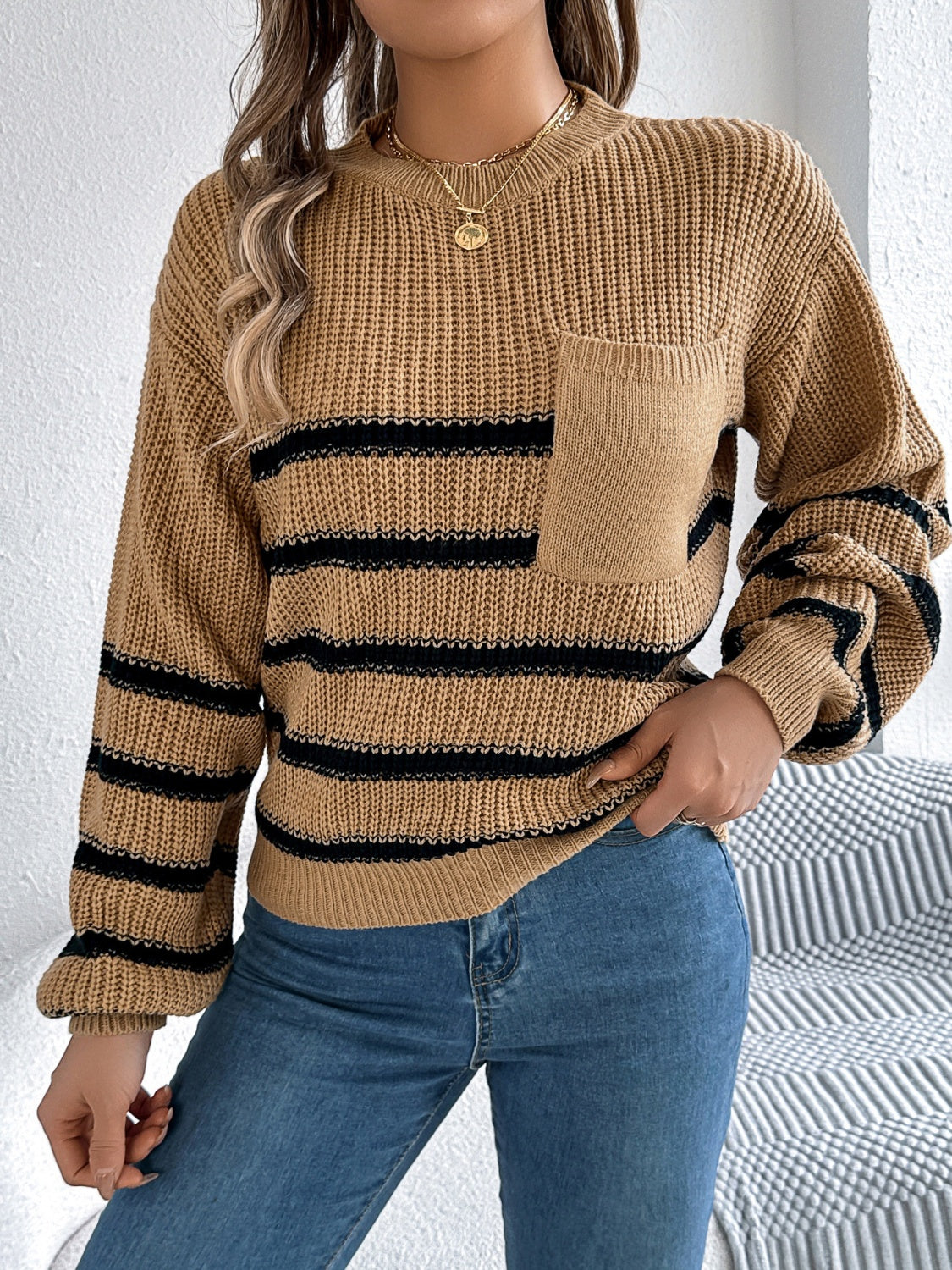 Striped Round Neck Long Sleeve Sweater Trendsi