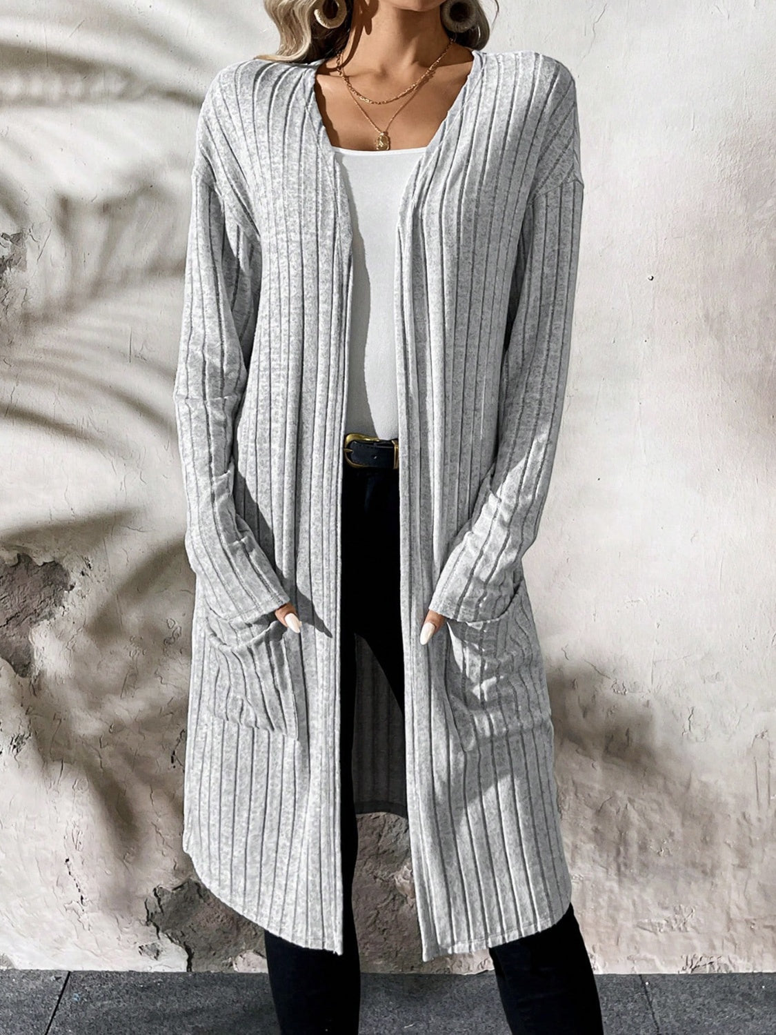 Ribbed Open Front Long Sleeve Cardigan with Pockets Trendsi