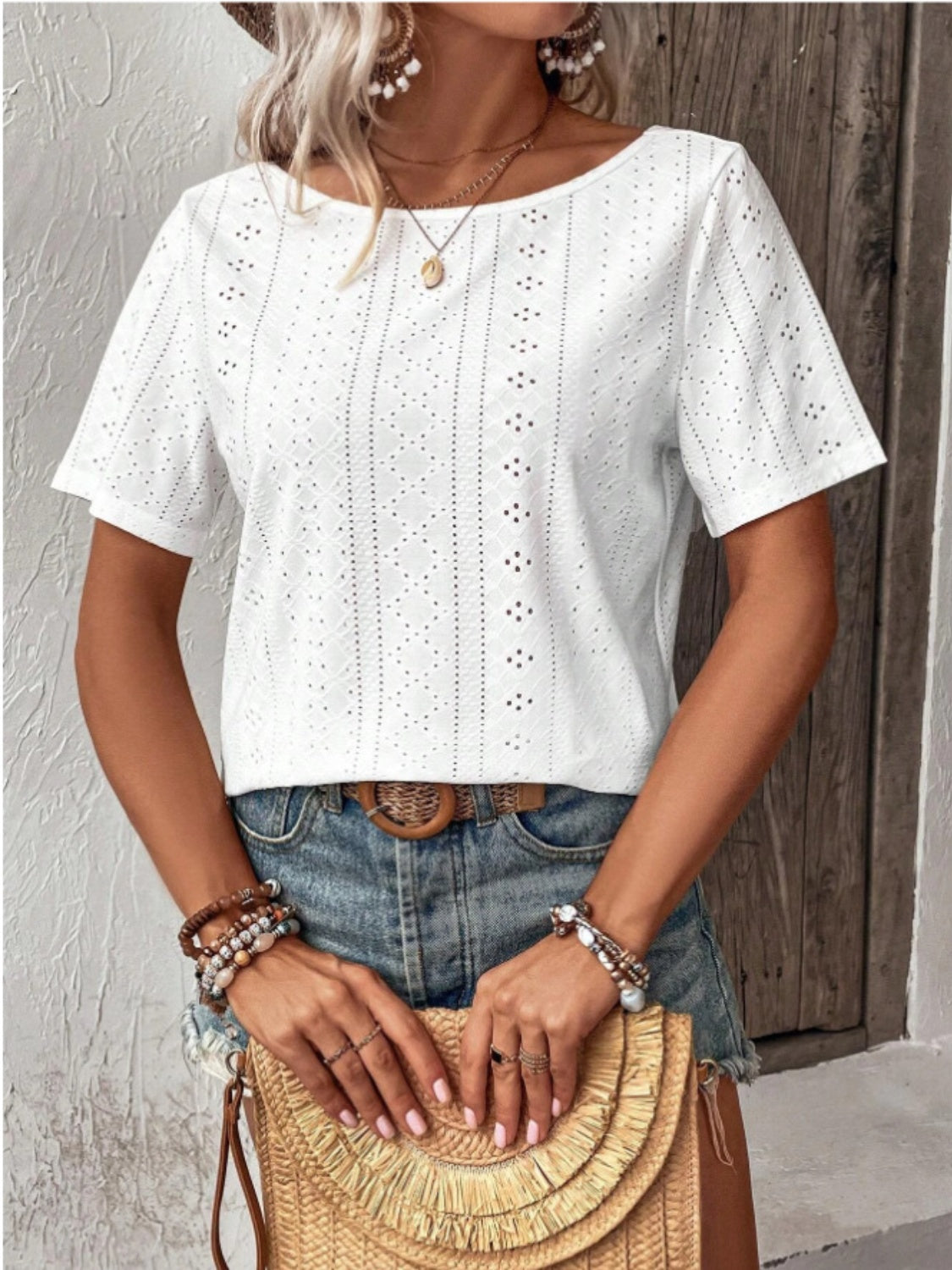 Lace Detail Eyelet Short Sleeve Blouse Trendsi