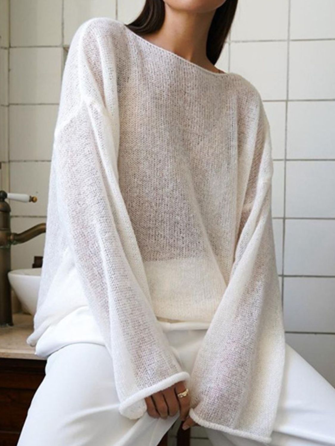 Boat Neck Long Sleeve Knit Cover Up Trendsi