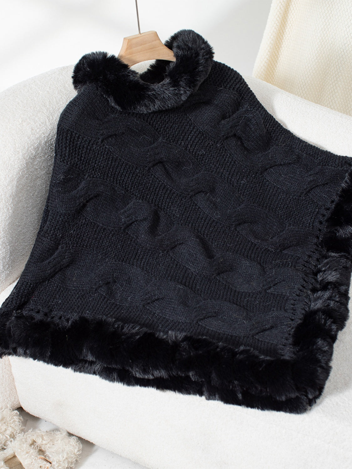 Fuzzy Hem Cable-Knit Poncho Trendsi