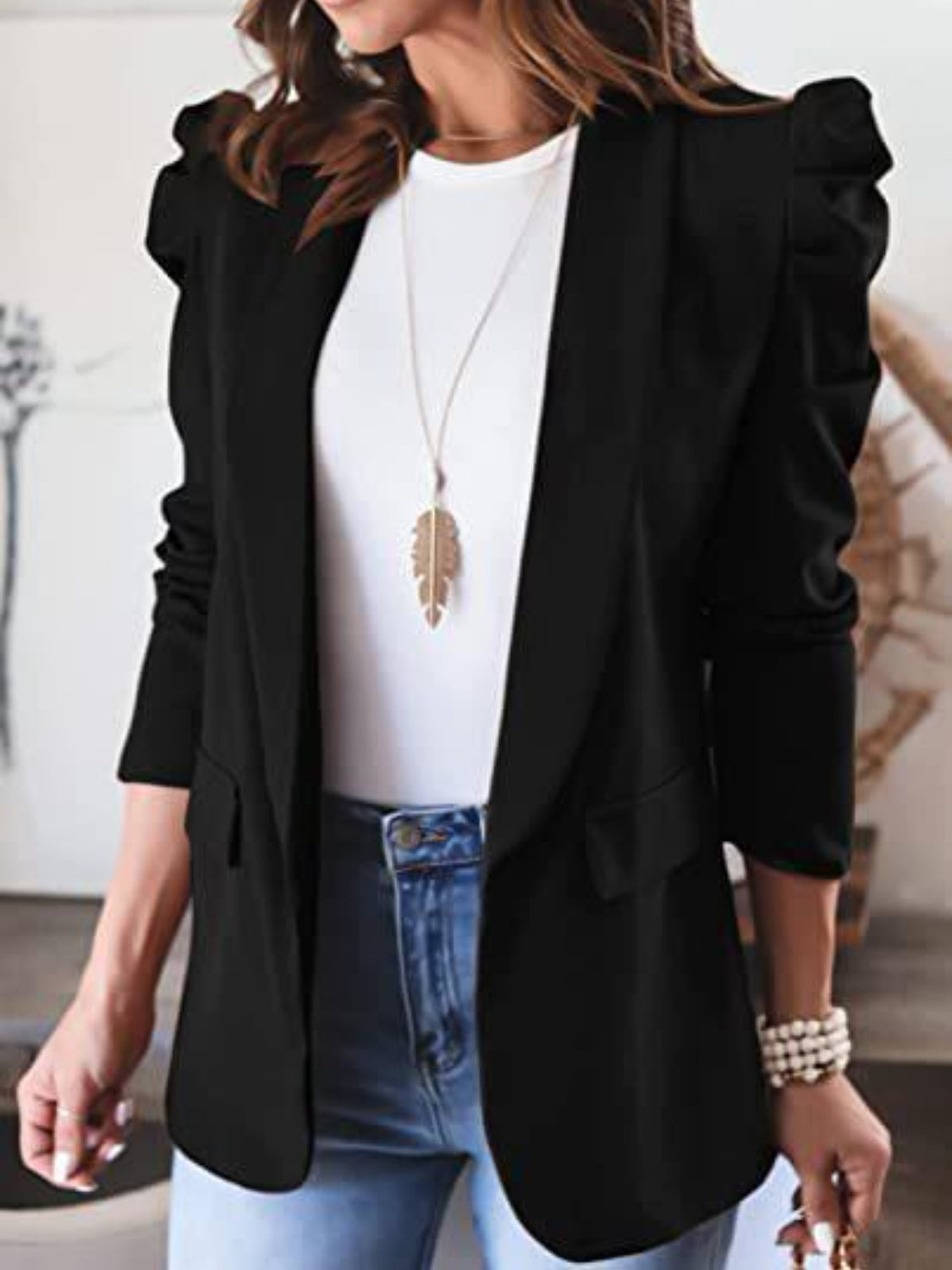 Collared Neck Puff Sleeve Blazer Trendsi