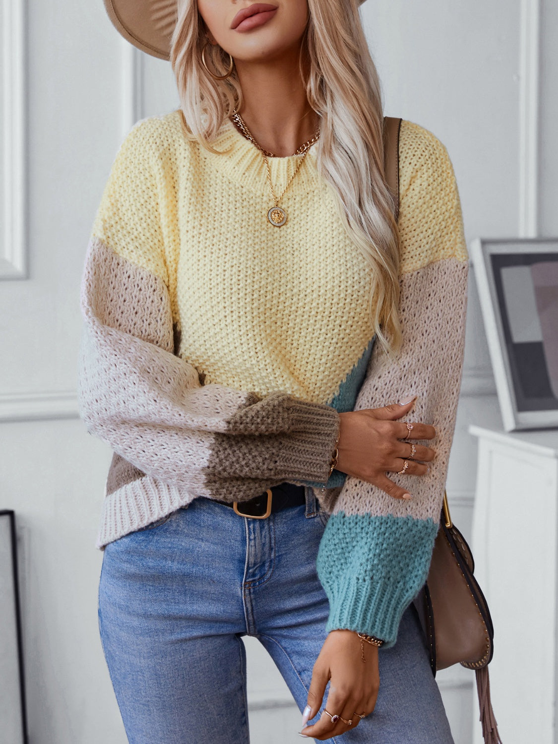 Color Block Round Neck Dropped Shoulder Sweater Trendsi