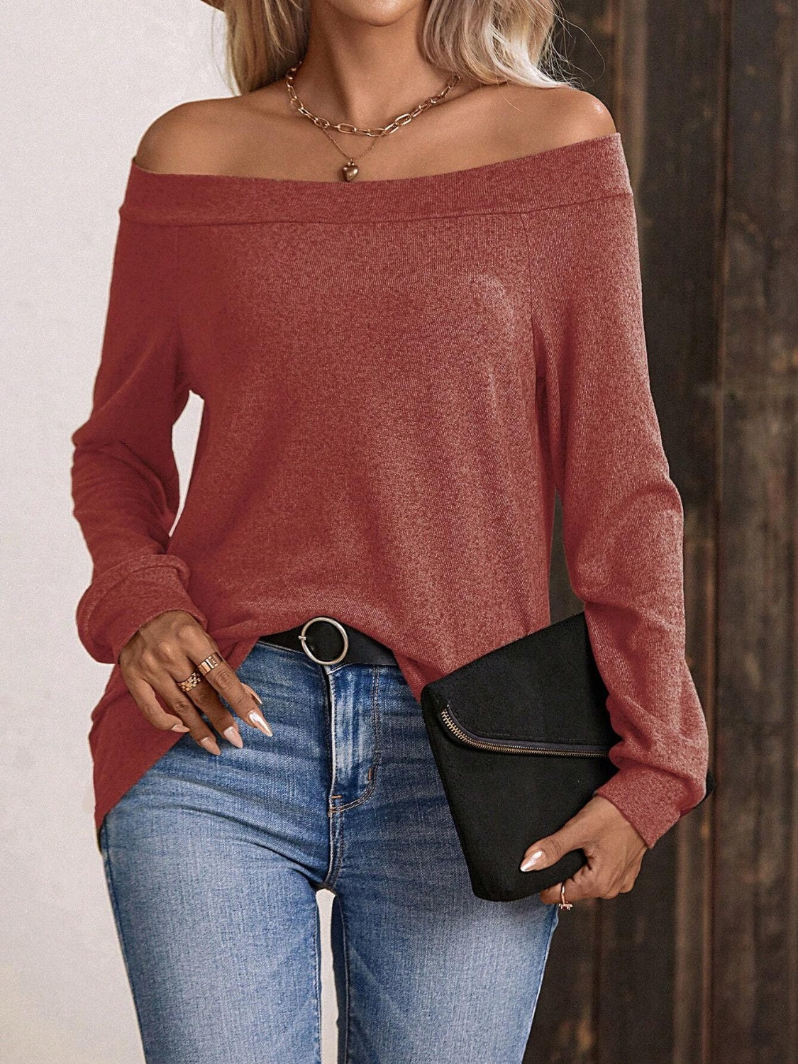 Off-Shoulder Long Sleeve T-Shirt Trendsi