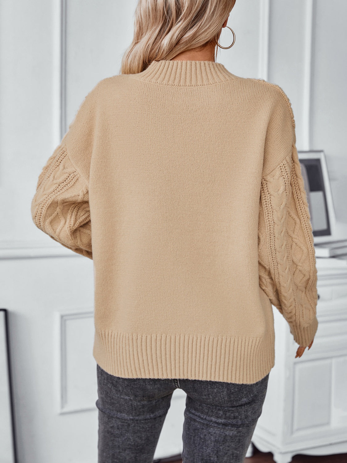 Cable-Knit Notched Long Sleeve Sweater Trendsi