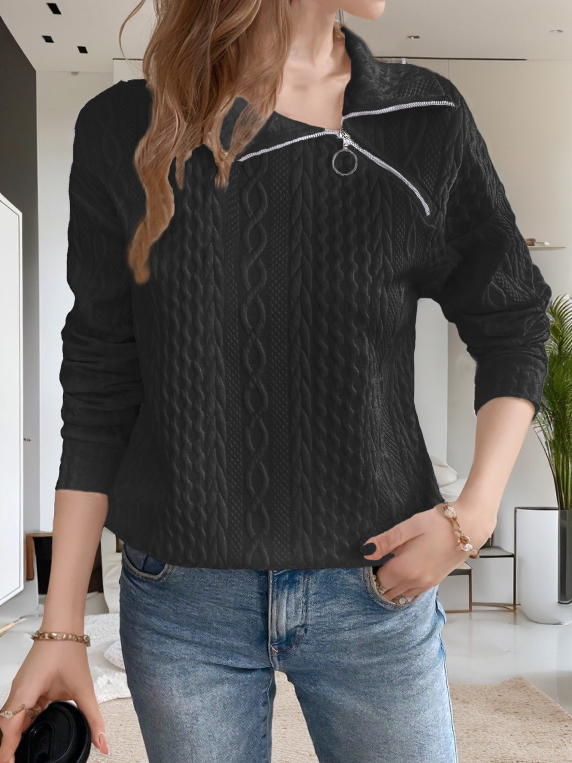 Oblique Zipper Collared Neck Long Sleeve Sweatshirt Trendsi