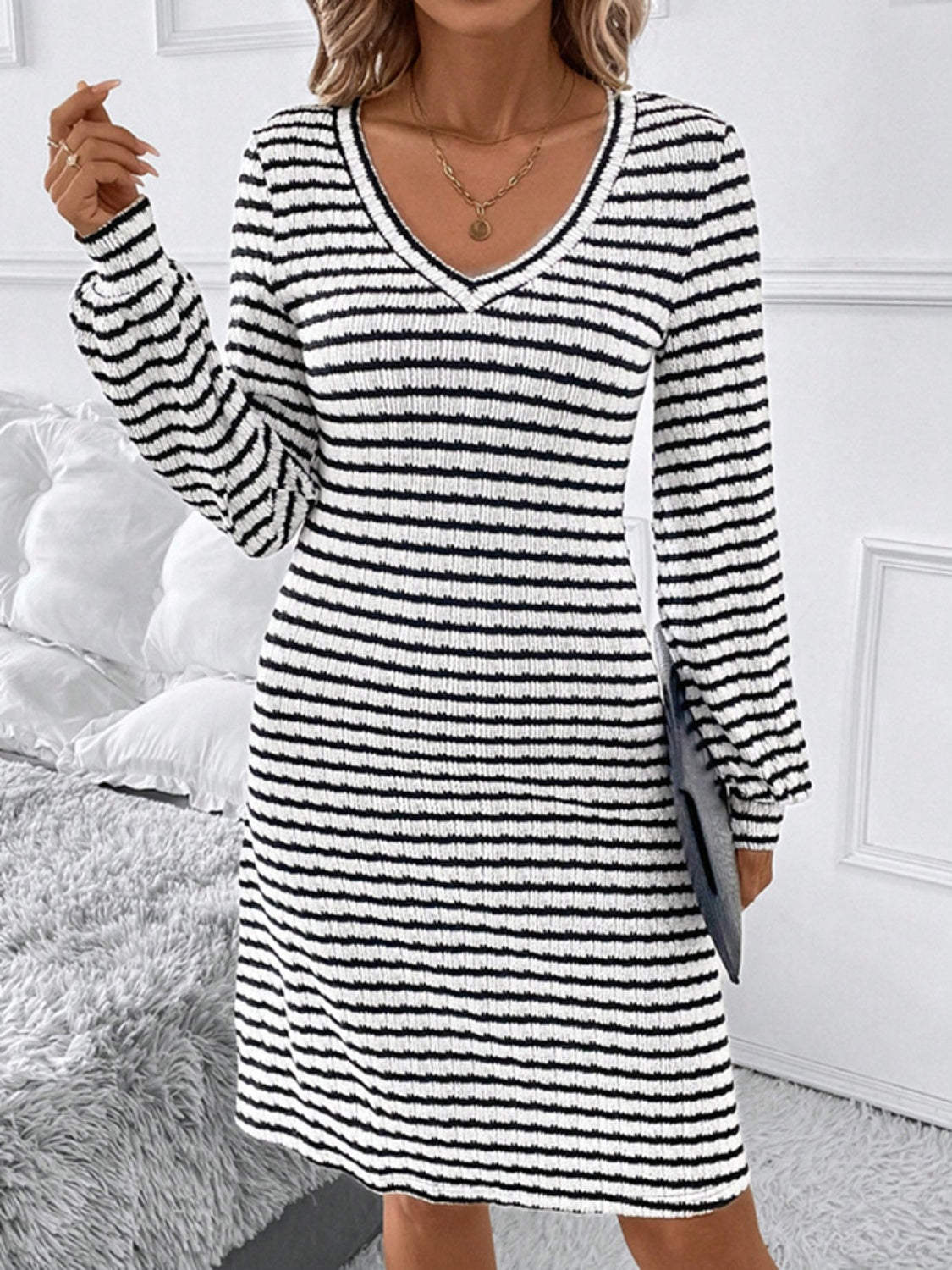 Striped V-Neck Long Sleeve Dress Trendsi