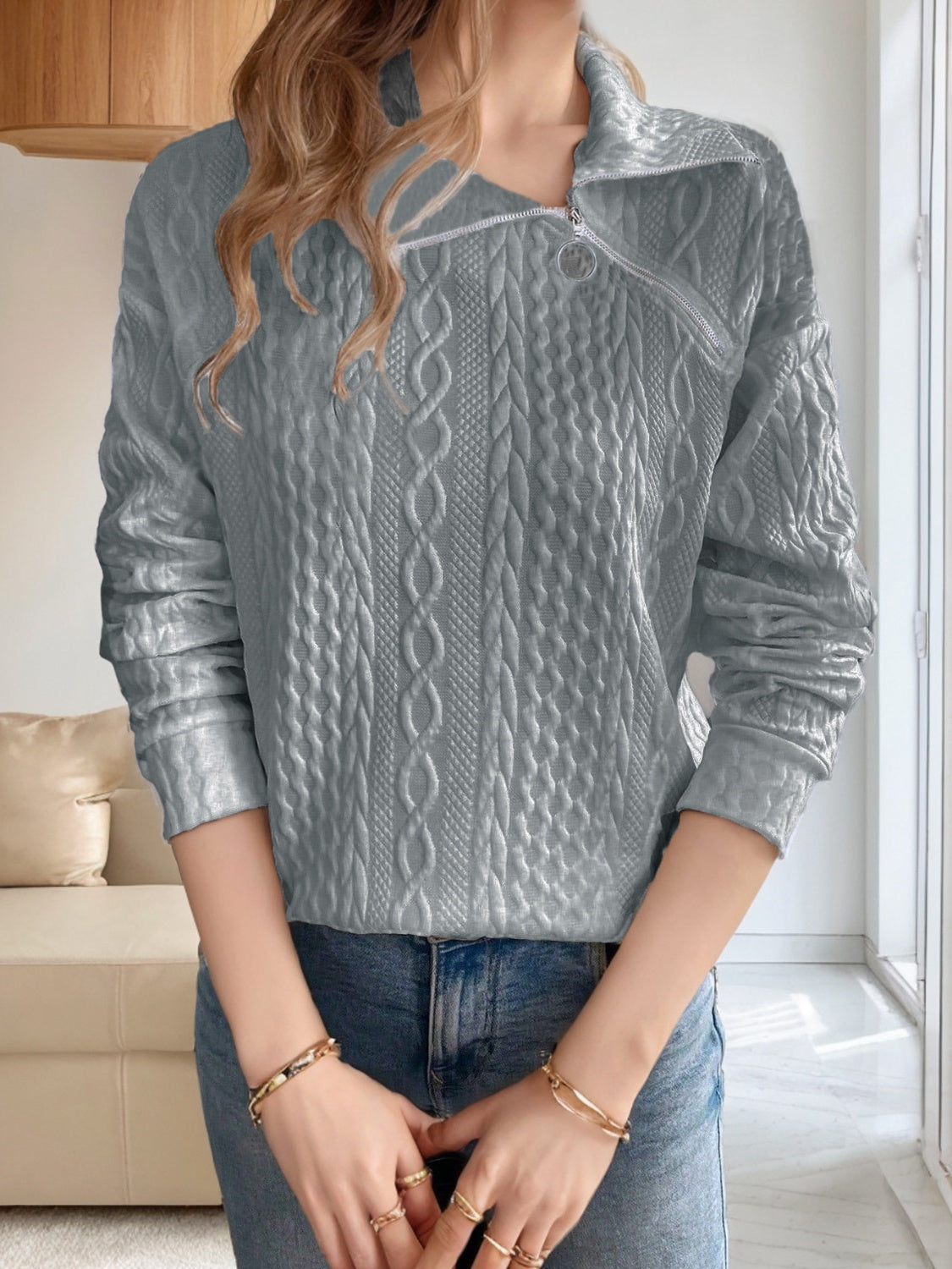 Oblique Zipper Collared Neck Long Sleeve Sweatshirt Trendsi