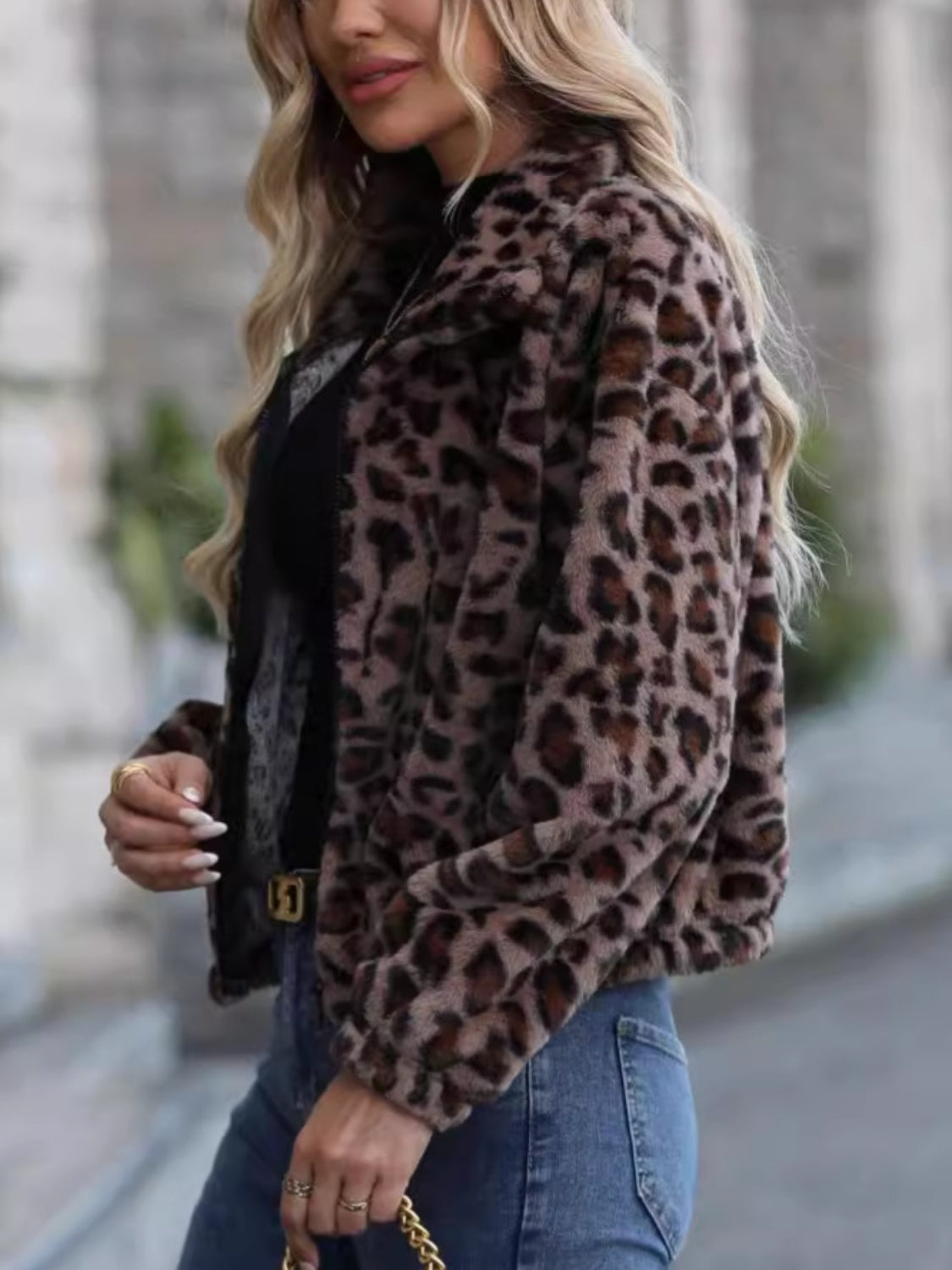 Leopard Collared Neck Zip Up Jacket Trendsi