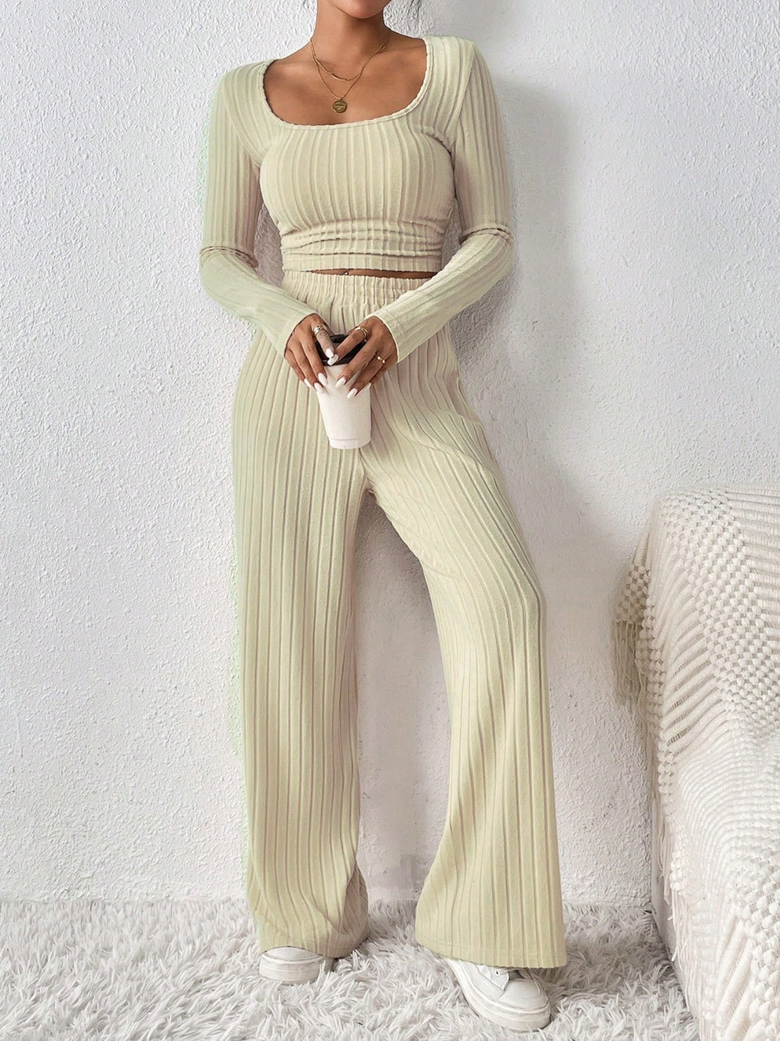 Honey Scoop Neck Long Sleeve Top and Pants Set Trendsi