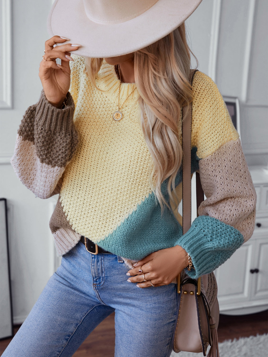 Color Block Round Neck Dropped Shoulder Sweater Trendsi