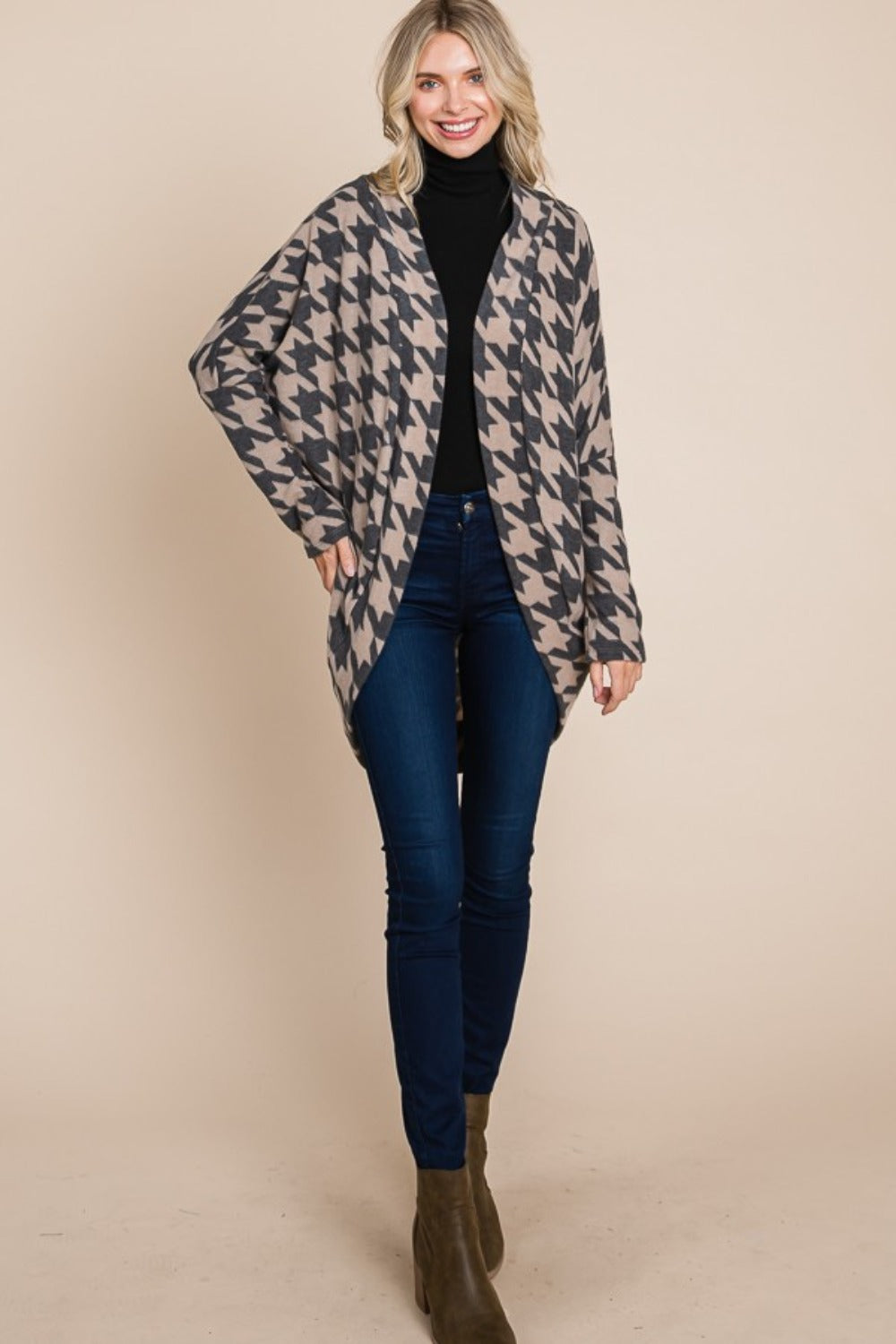 BOMBOM Houndstooth Open Front Cocoon Knit Cardigan Trendsi