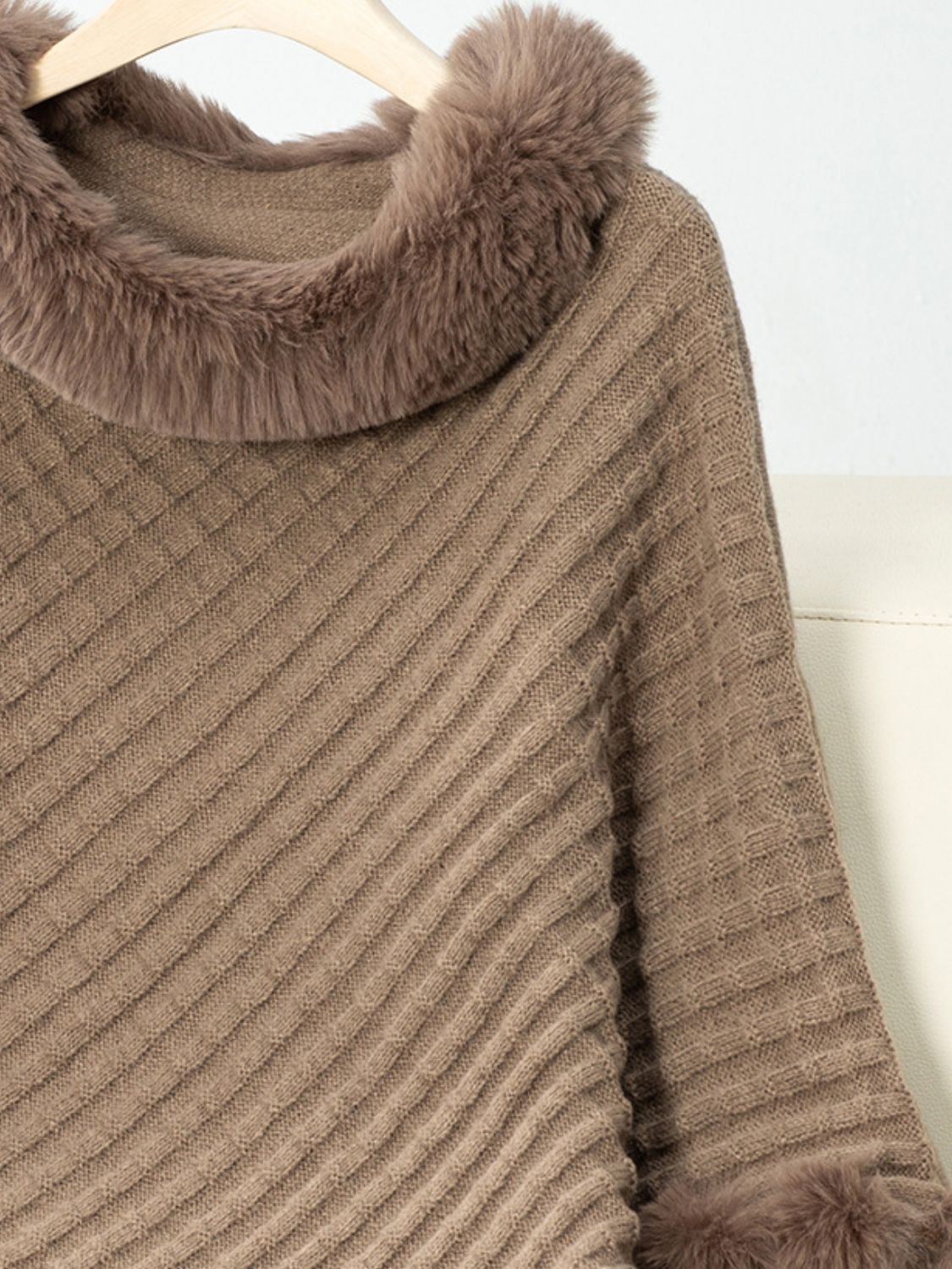 Fuzzy Trim Texture Three-Quarter Sleeve Poncho Trendsi