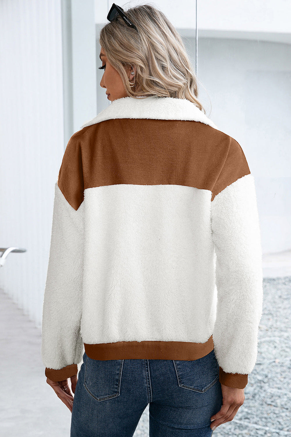 Corduroy Contrast Patchwork Fuzzy Jacket Trendsi