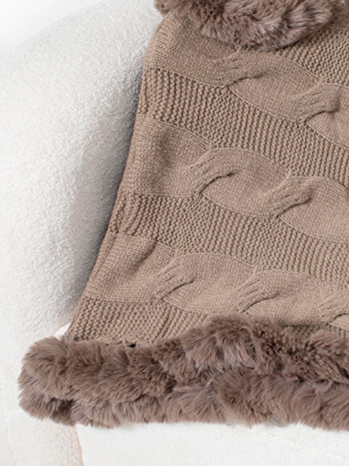 Fuzzy Hem Cable-Knit Poncho Trendsi