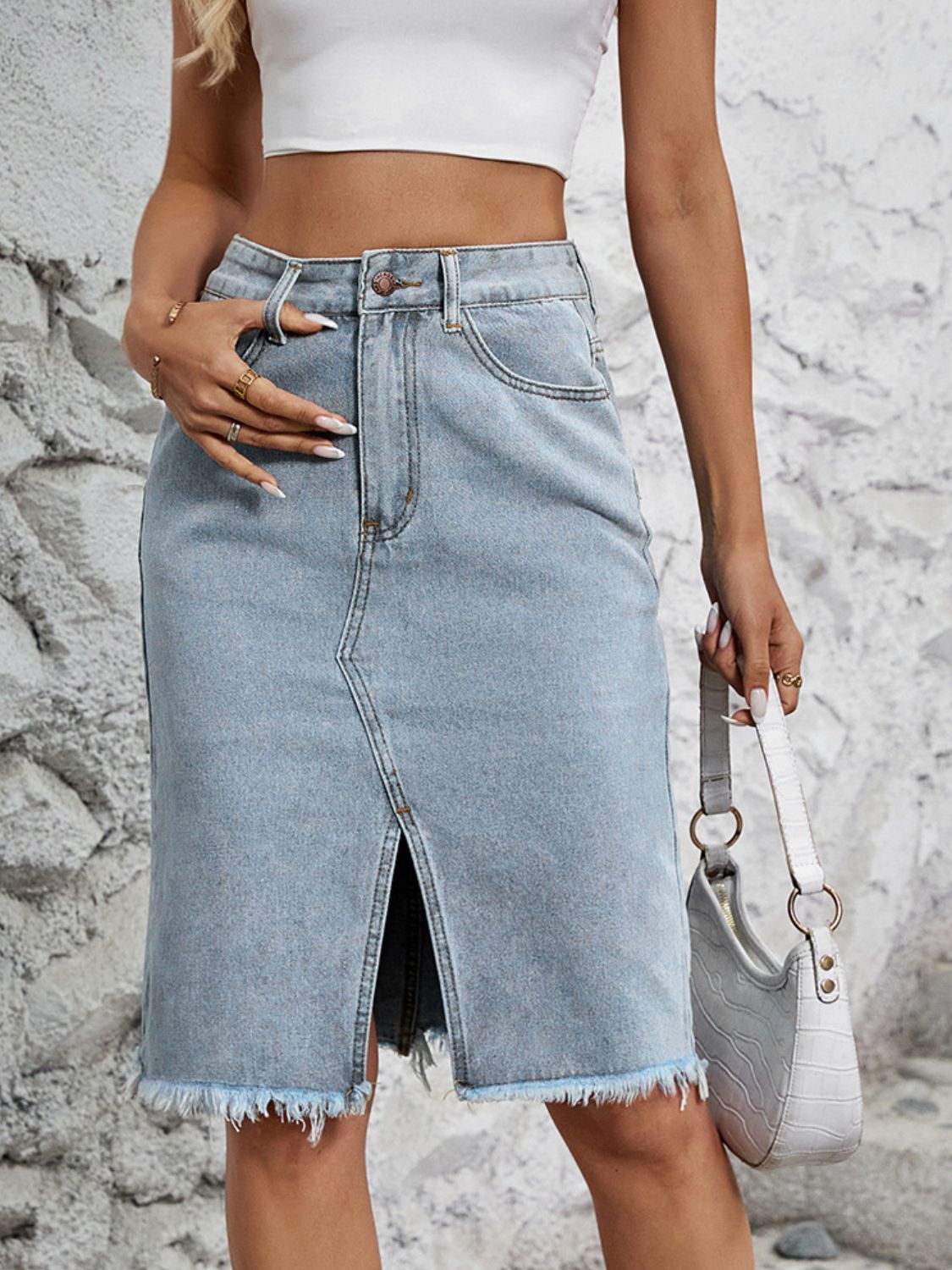 Raw Hem Slit Denim Skirt Trendsi