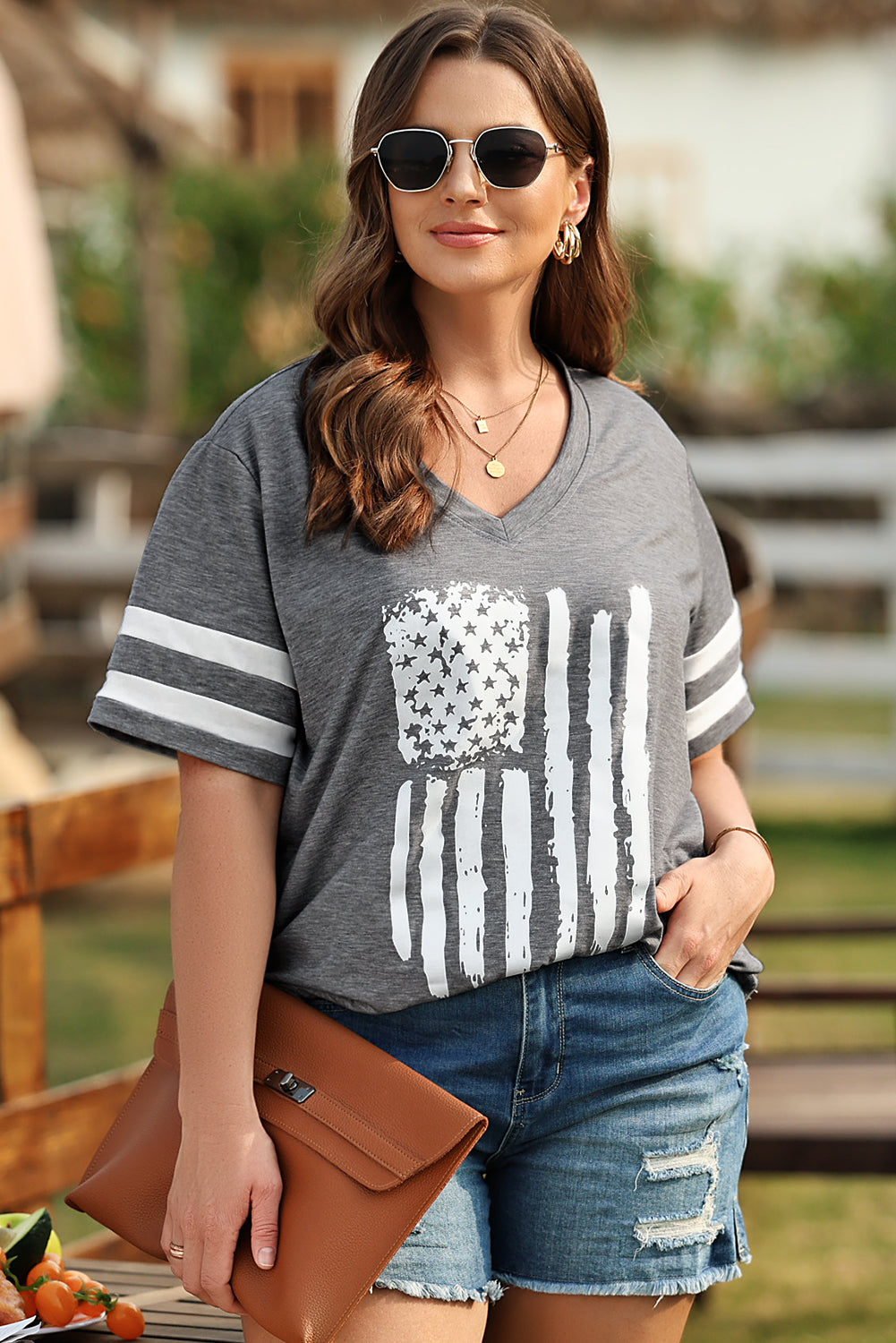 Plus Size US Flag Graphic V-Neck Tee Trendsi