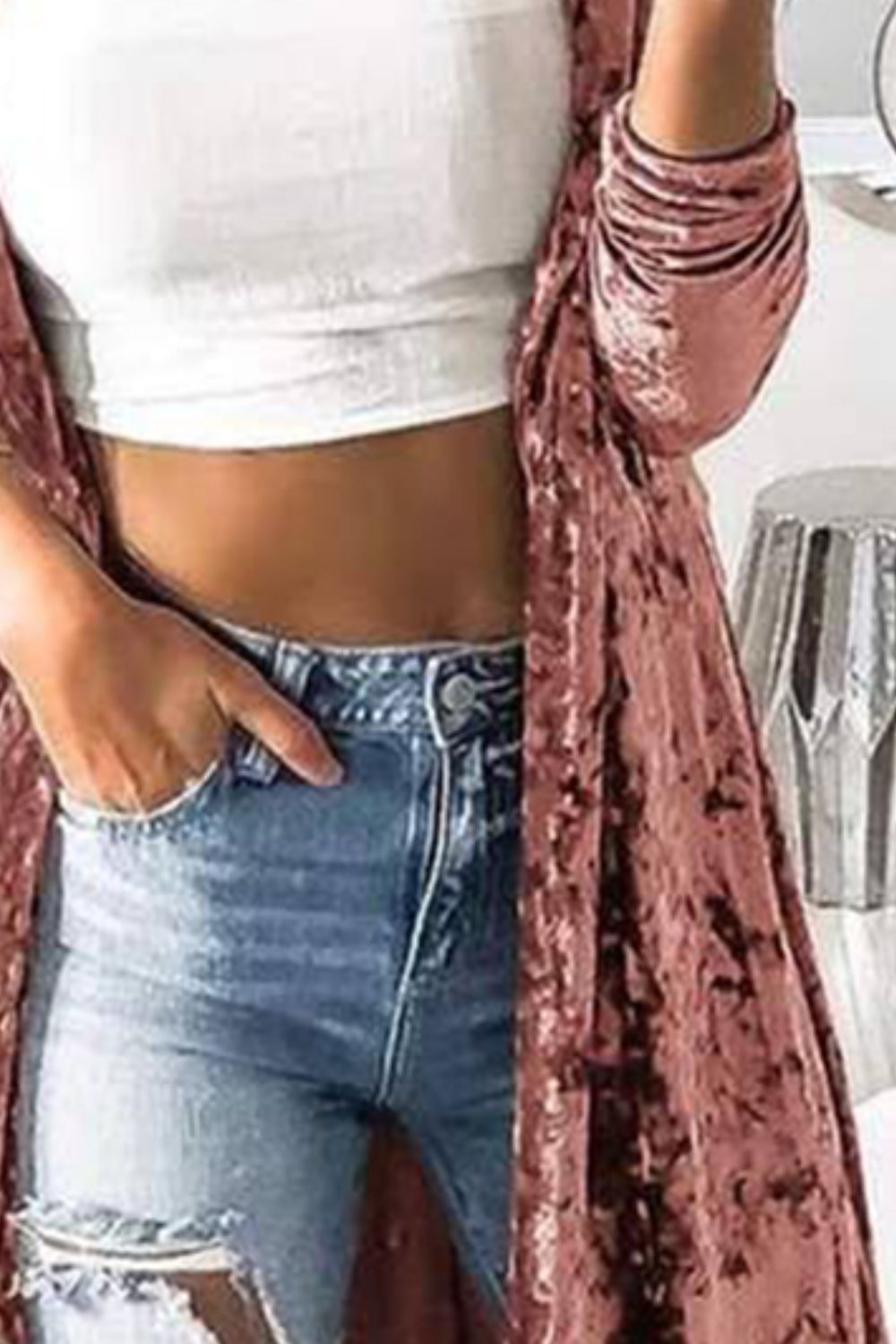 Open Front Long Sleeve Longline Velvet Cardigan Trendsi