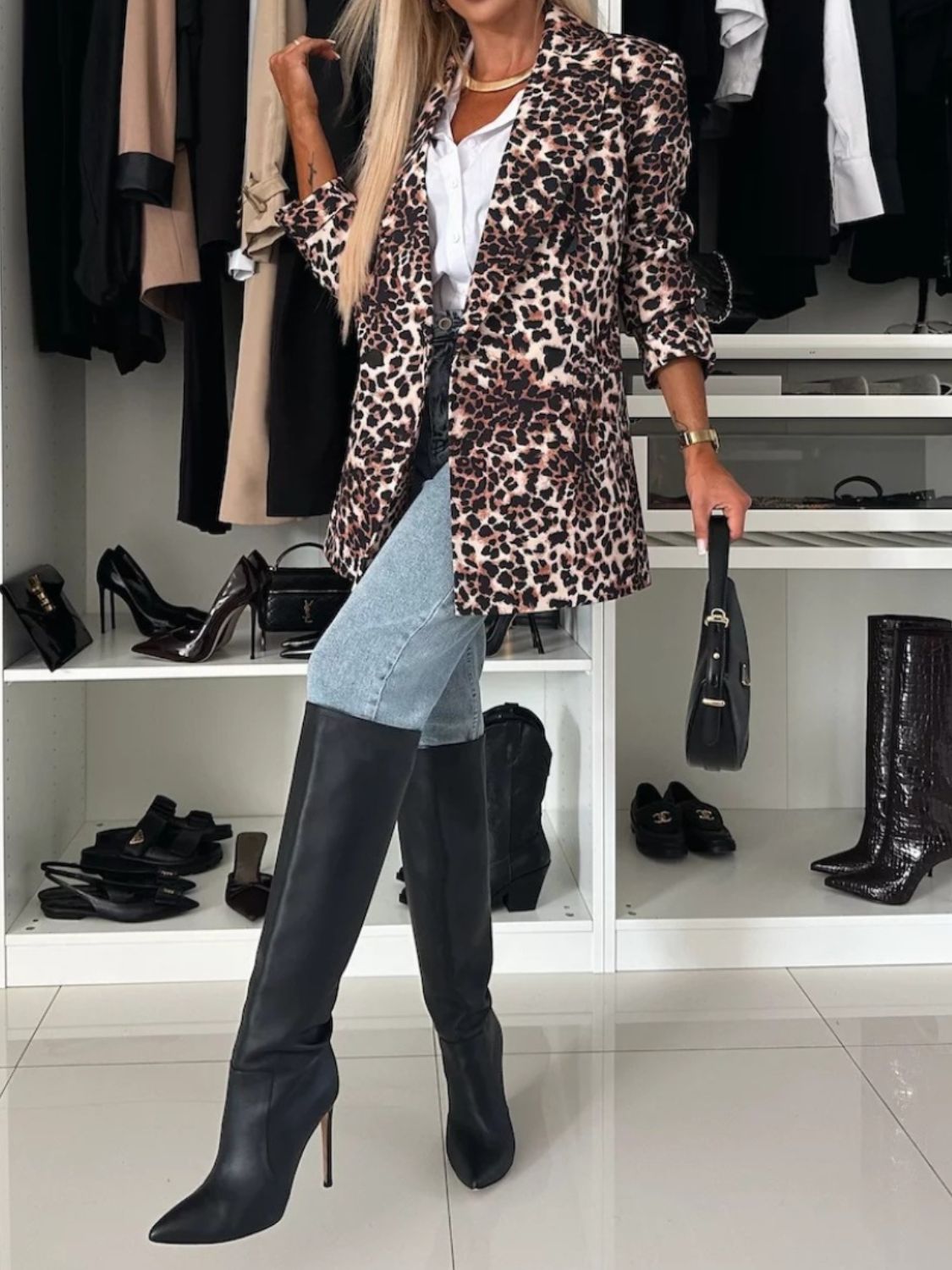 Animal Print Long Sleeve Blazer Trendsi