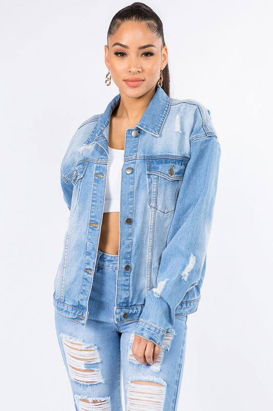 American Bazi Graphic Distressed Long Sleeve Denim Jacket Trendsi