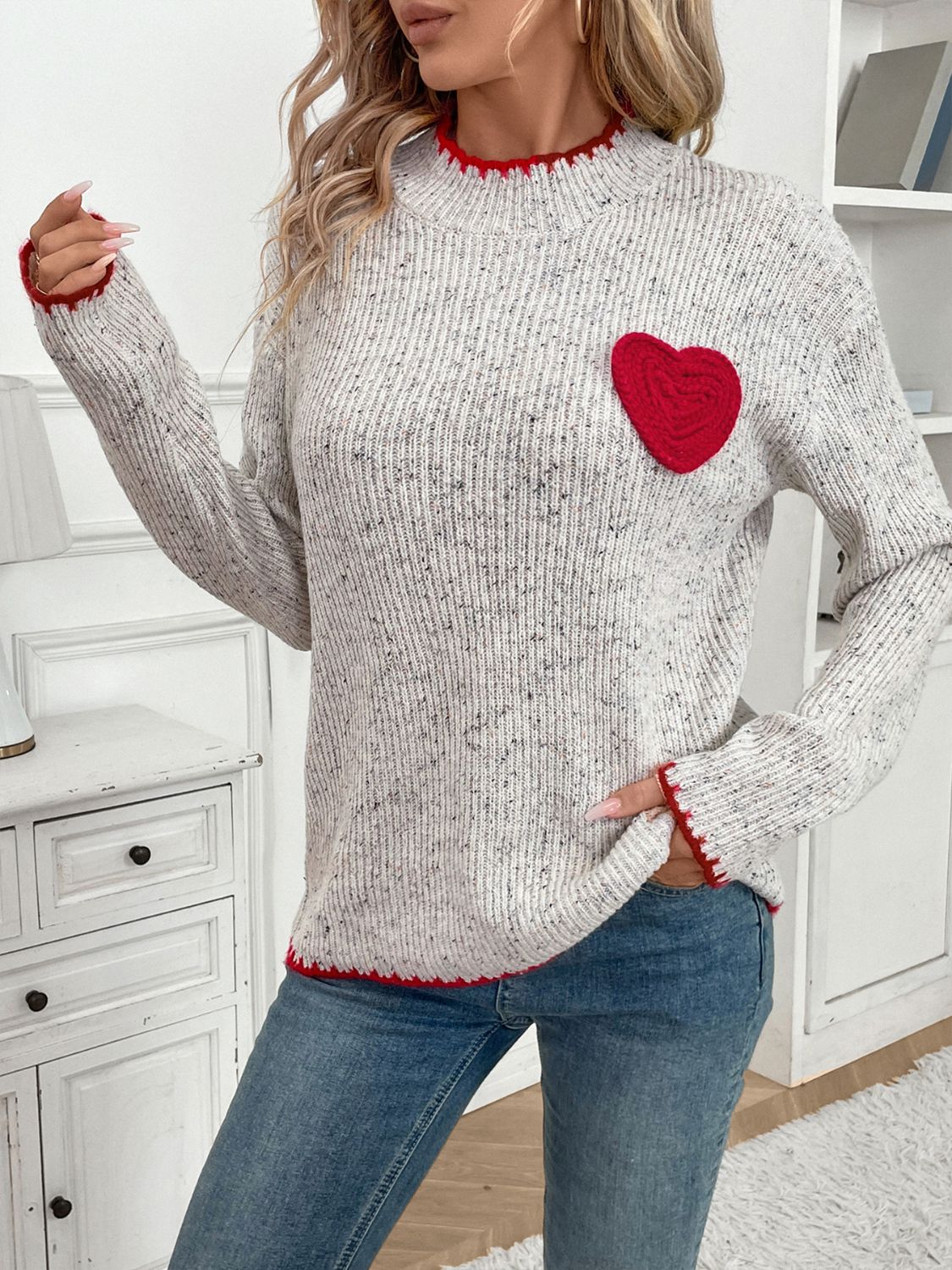 Perfee Contrast Heart Round Neck Long Sleeve Sweater Trendsi