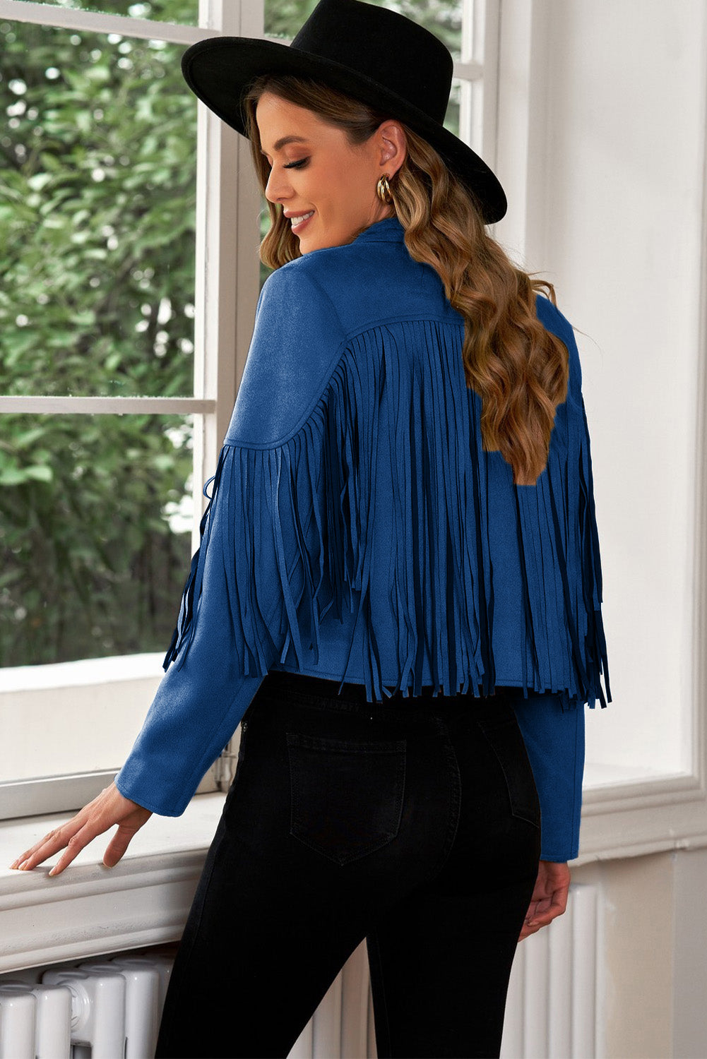 Fringe Trim Lapel Collar Cropped Blazer Trendsi