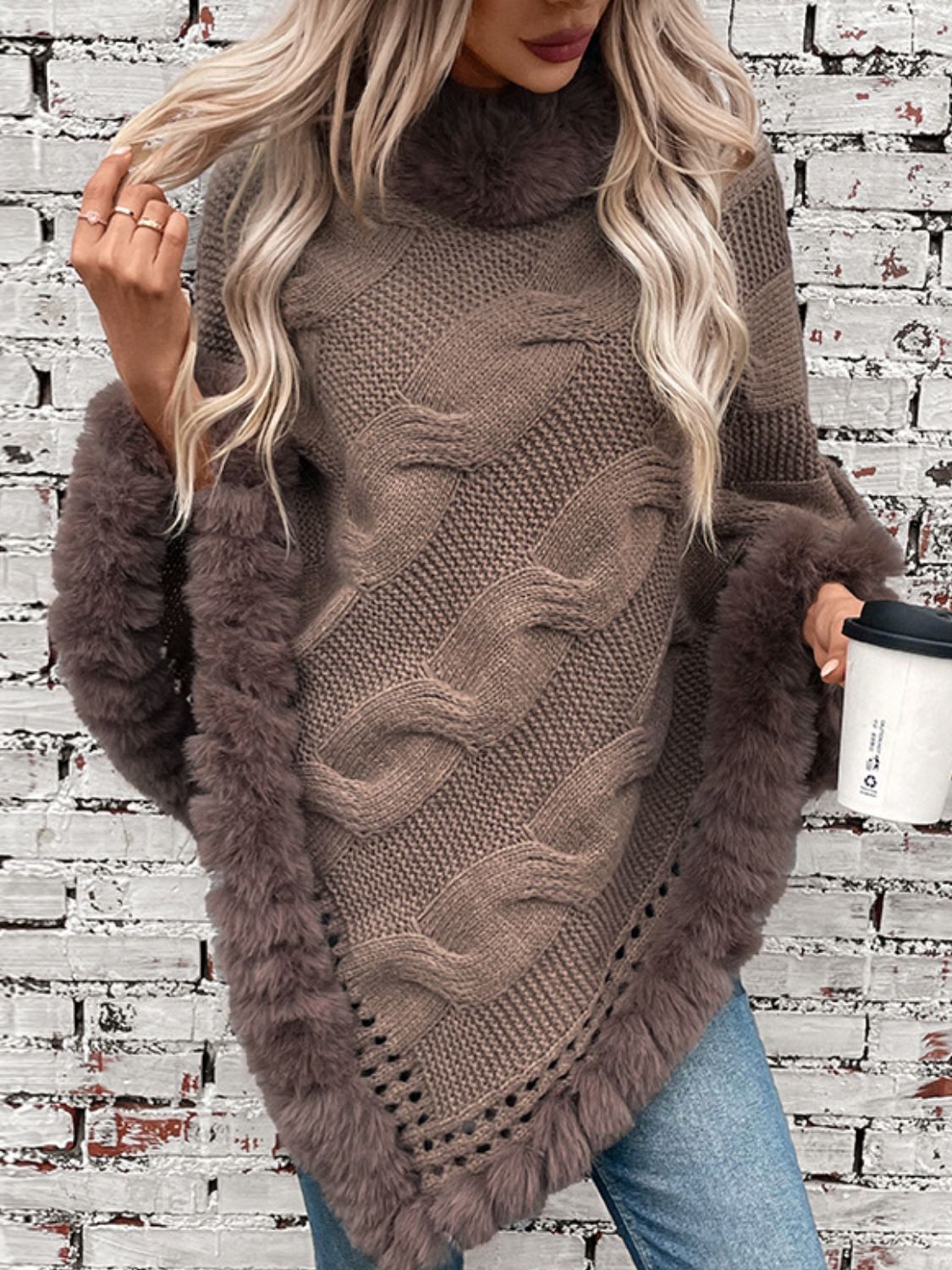 Fuzzy Hem Cable-Knit Poncho Trendsi