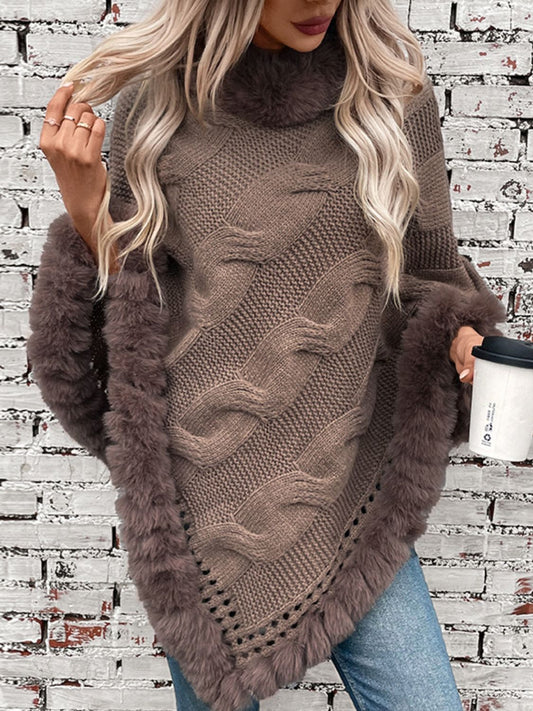 Fuzzy Hem Cable-Knit Poncho Trendsi
