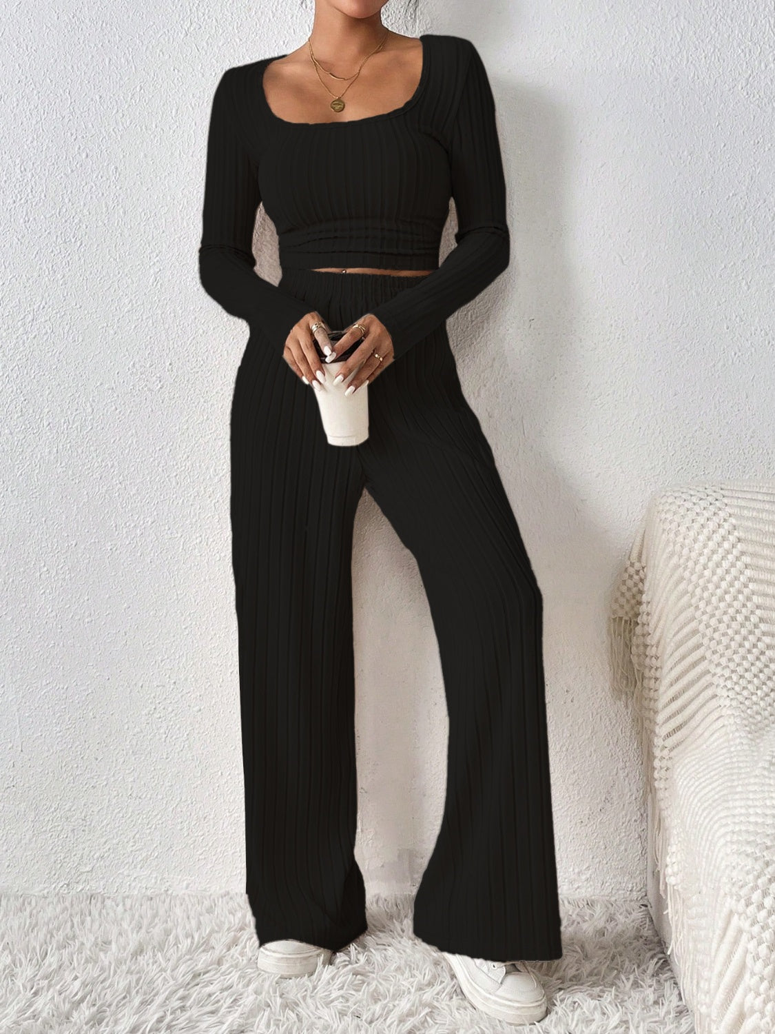 Honey Scoop Neck Long Sleeve Top and Pants Set Trendsi