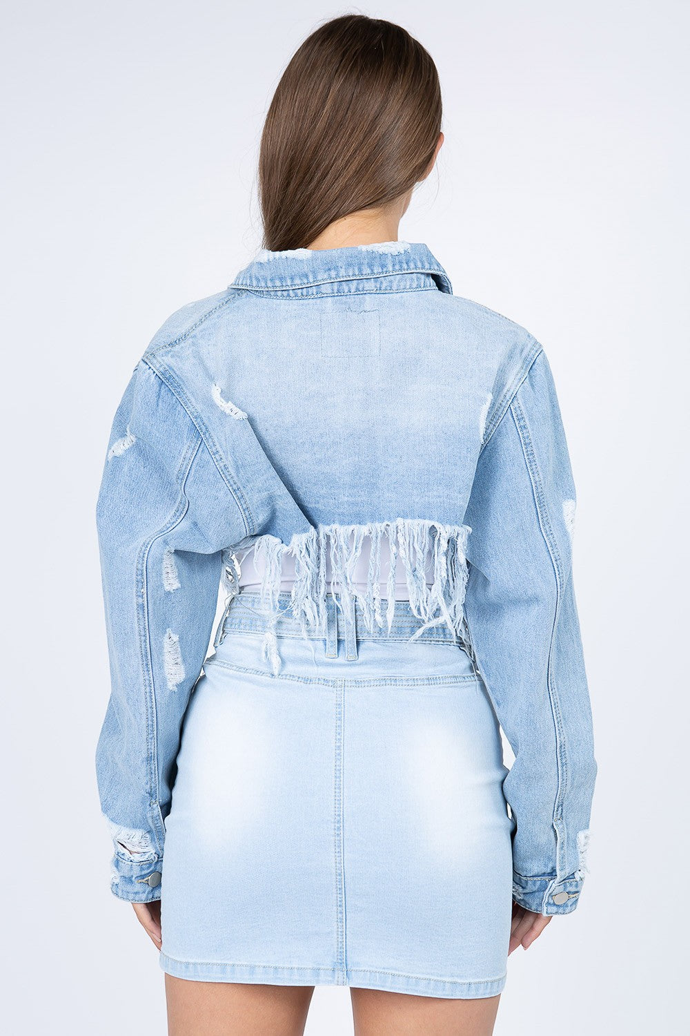 American Bazi Distressed Denim Jacket with Frayed Hem Trendsi