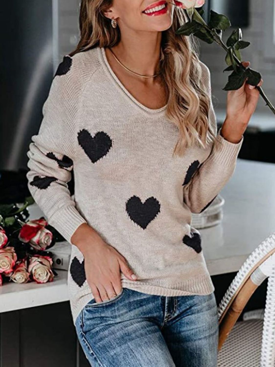 Heart Scoop Neck Long Sleeve Sweater Trendsi