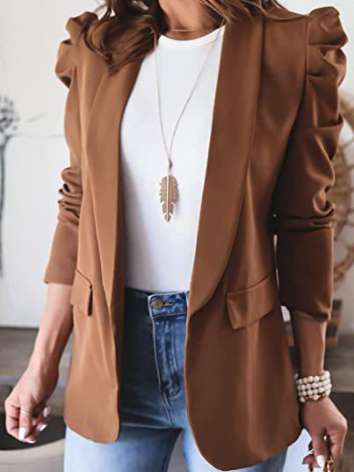 Collared Neck Puff Sleeve Blazer Trendsi