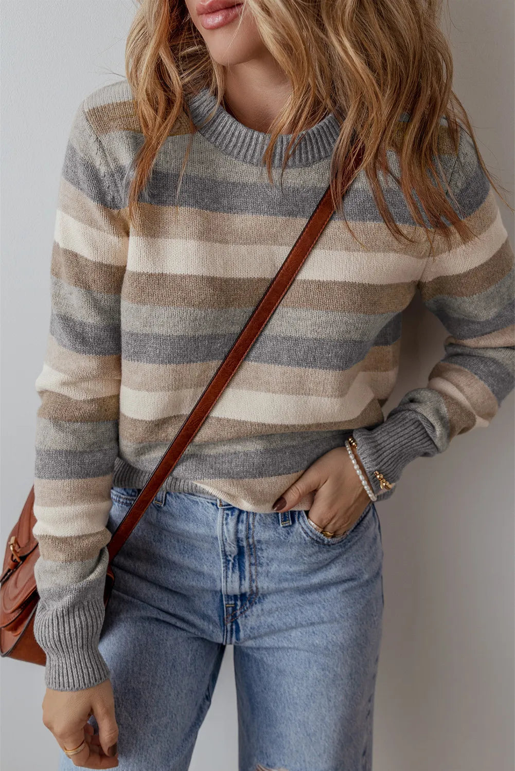 Striped Round Neck Long Sleeve Sweater Trendsi