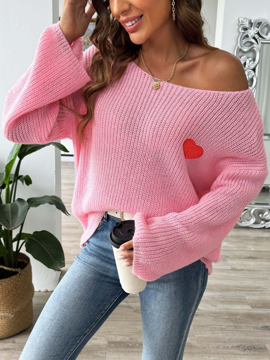 Heart Boat Neck Dropped Shoulder Sweater Trendsi