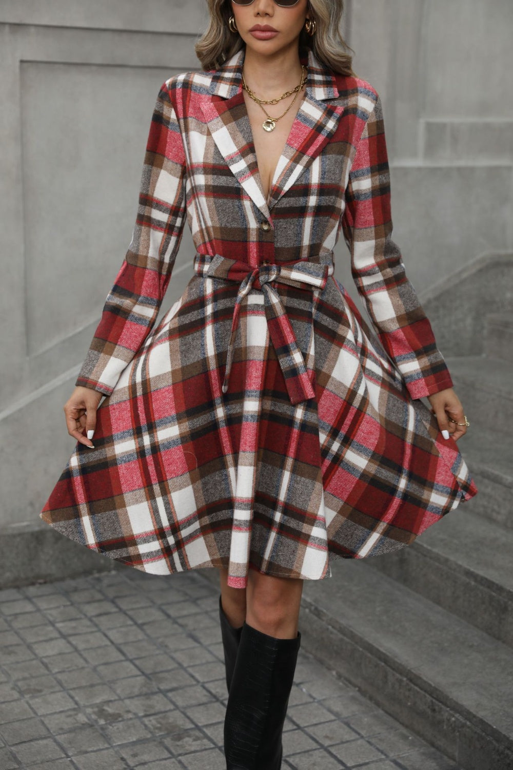 Plaid Tie Waist Long Sleeve Outerwear Trendsi